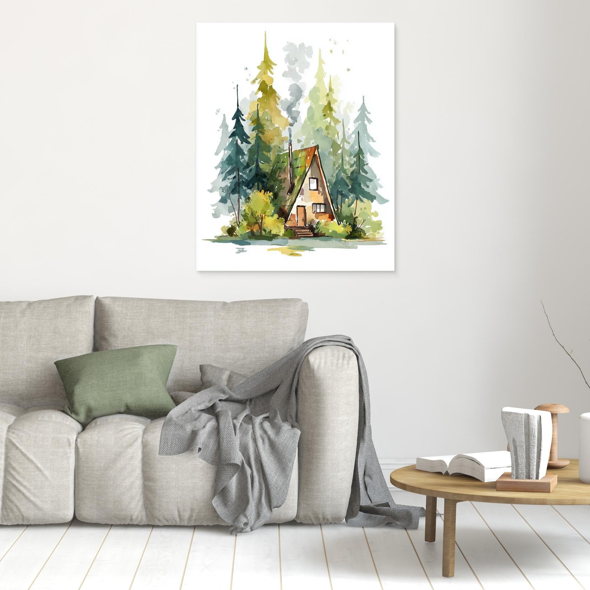 Cozy A-Frame Forest Cabin Watercolour Art | Woodland Nursery - Framed Pop Art