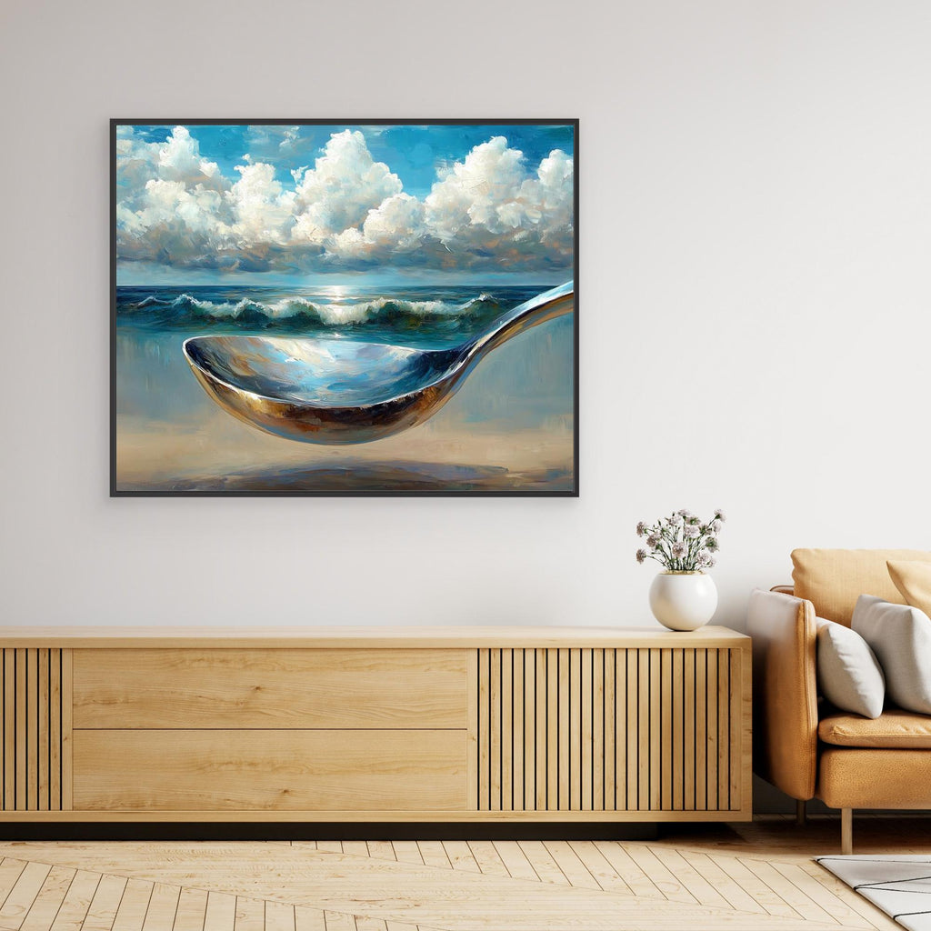 Surreal Beach Spoon Canvas Art | Modern Kitchen Wall Decor - Framed Pop Art
