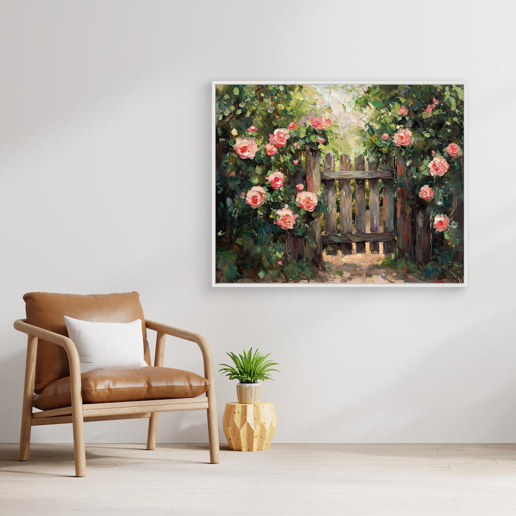 Pink Rose Garden Gate Canvas Wall Art | Floral Oil Painting - Framed Pop Art
