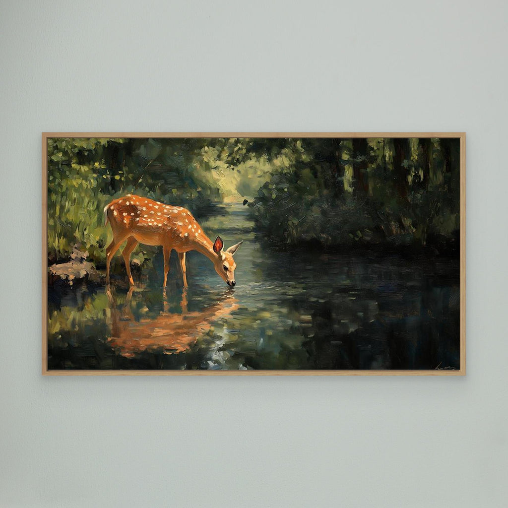 Tranquil Deer in Forest Stream Canvas Wall Art - Framed Pop Art