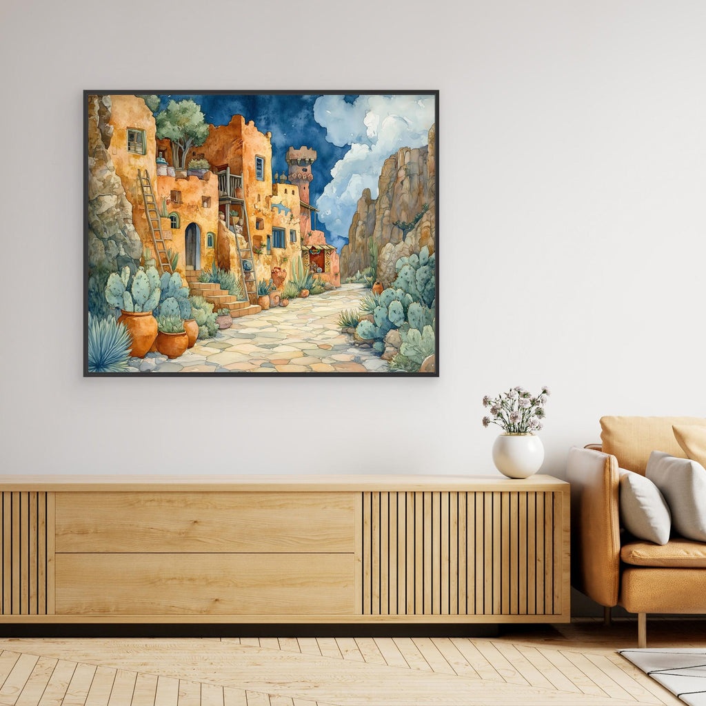 Desert Village Watercolour Canvas Print for Hallway - Framed Pop Art