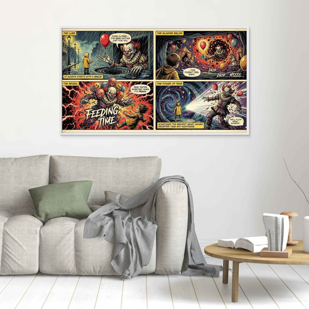 Large Evil Clown Horror Comic Canvas Art - Framed Pop Art