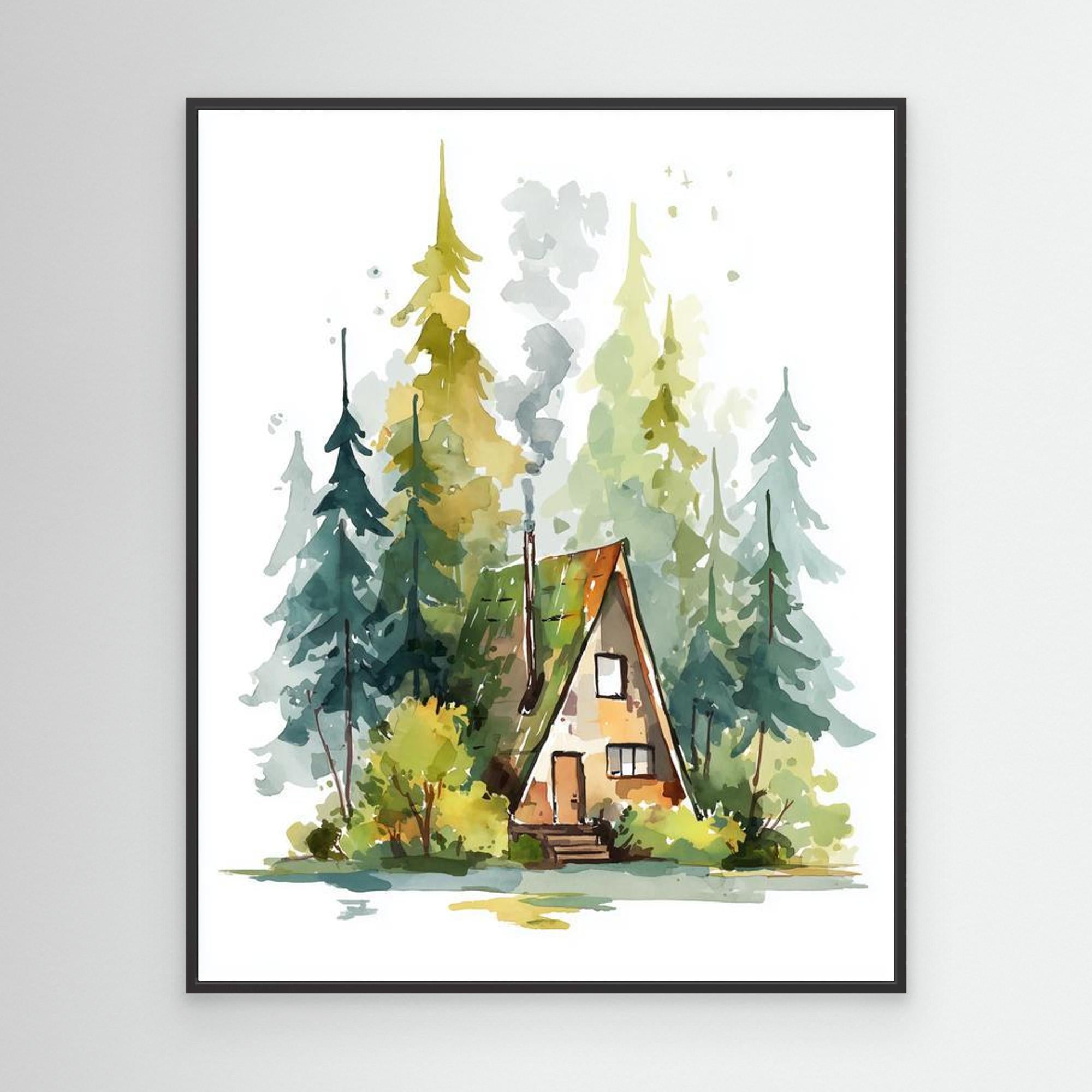 Cozy A-Frame Forest Cabin Watercolour Art | Woodland Nursery - Framed Pop Art