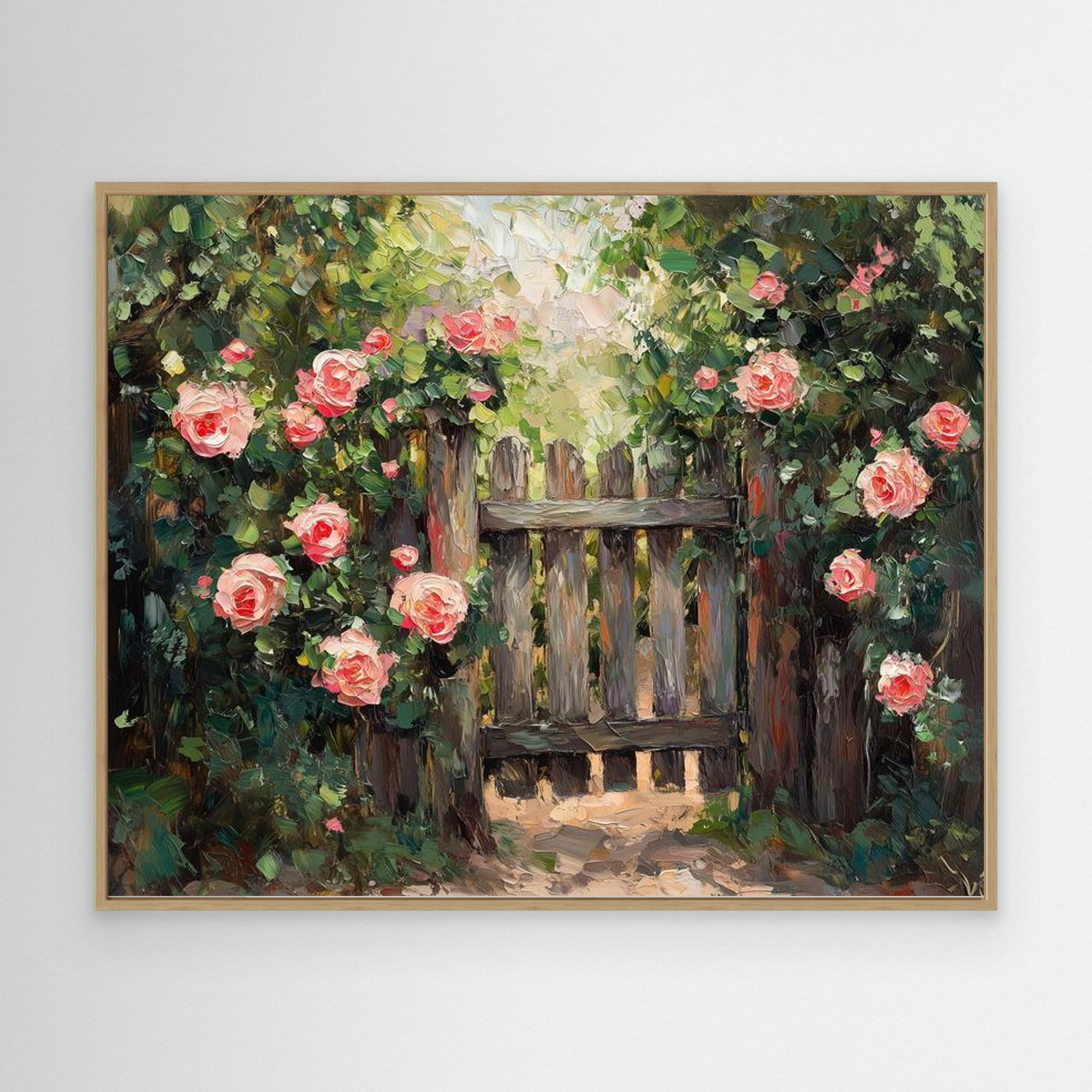Pink Rose Garden Gate Canvas Wall Art | Floral Oil Painting