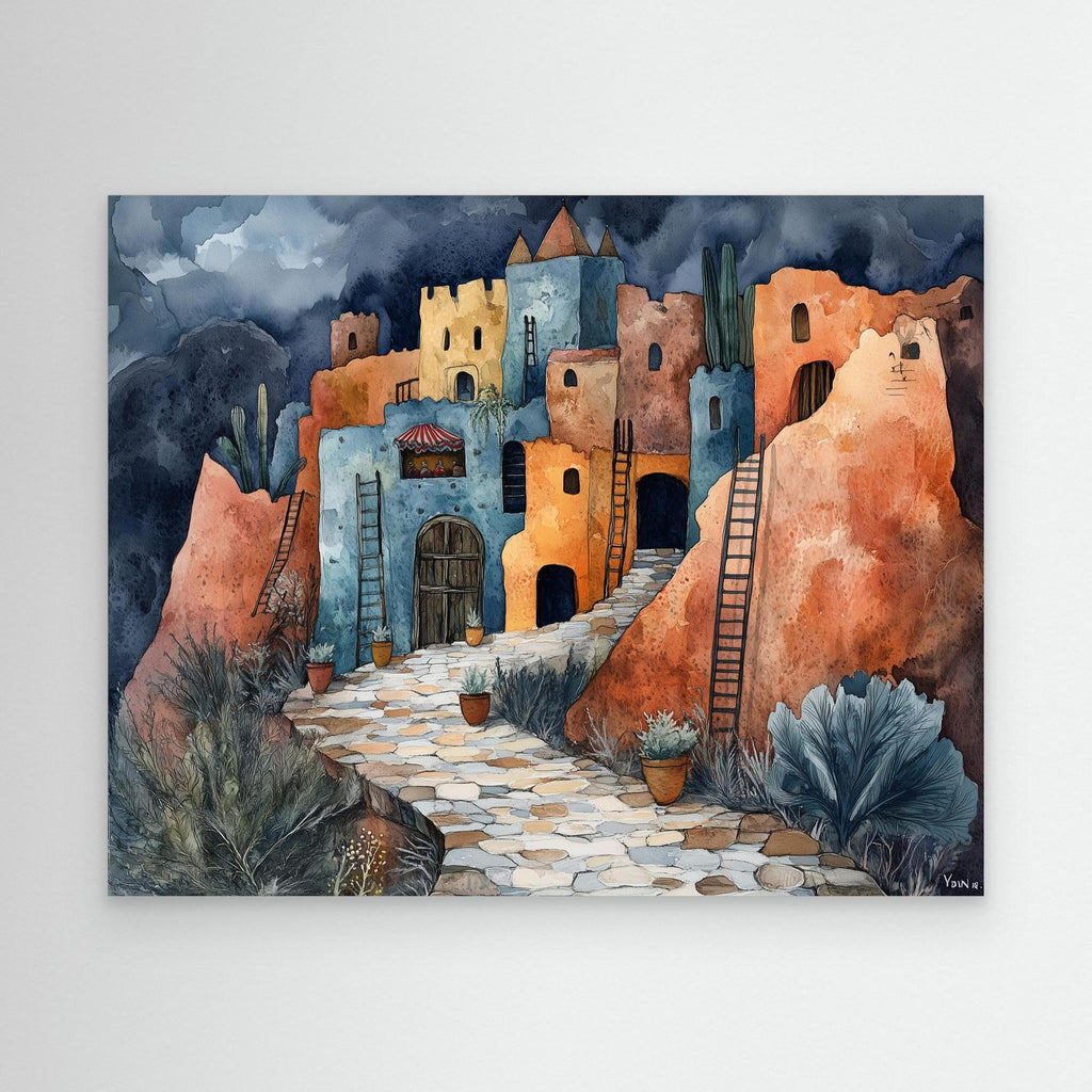 Desert Village Watercolour Canvas Print for Hallway Decor - Framed Pop Art