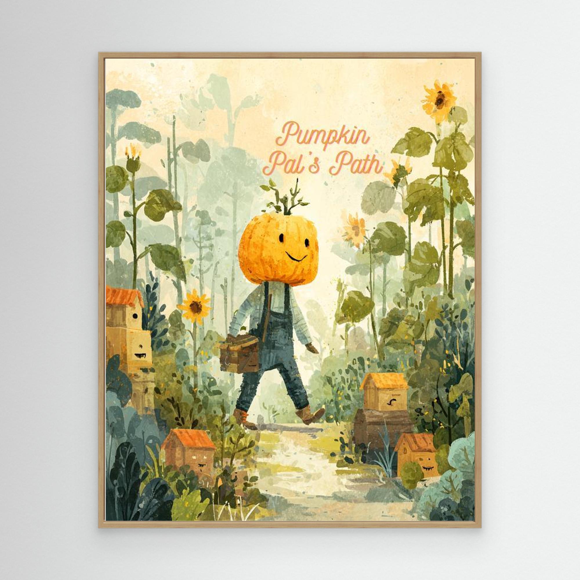 Pumpkin Pal’s Path Whimsical Autumn Canvas Wall Art - Framed Pop Art