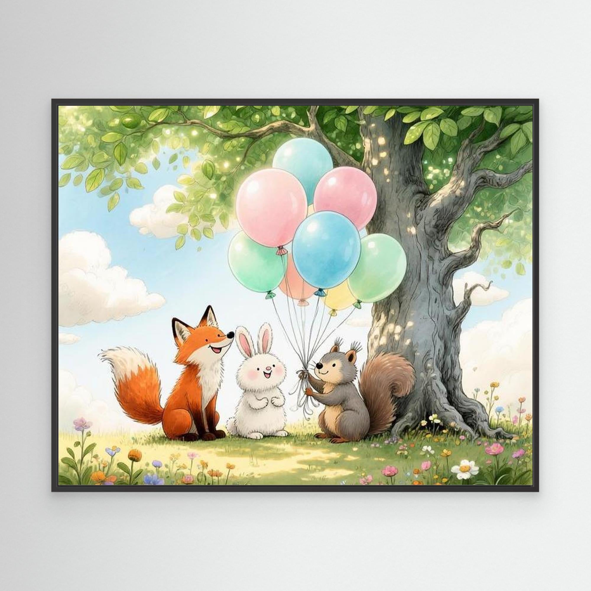 Woodland Animals Balloon Nursery Canvas Wall Art Print - Framed Pop Art