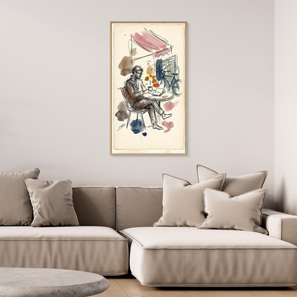 Man in Cafe Sketch Wall Art | Framed Canvas Print - Framed Pop Art