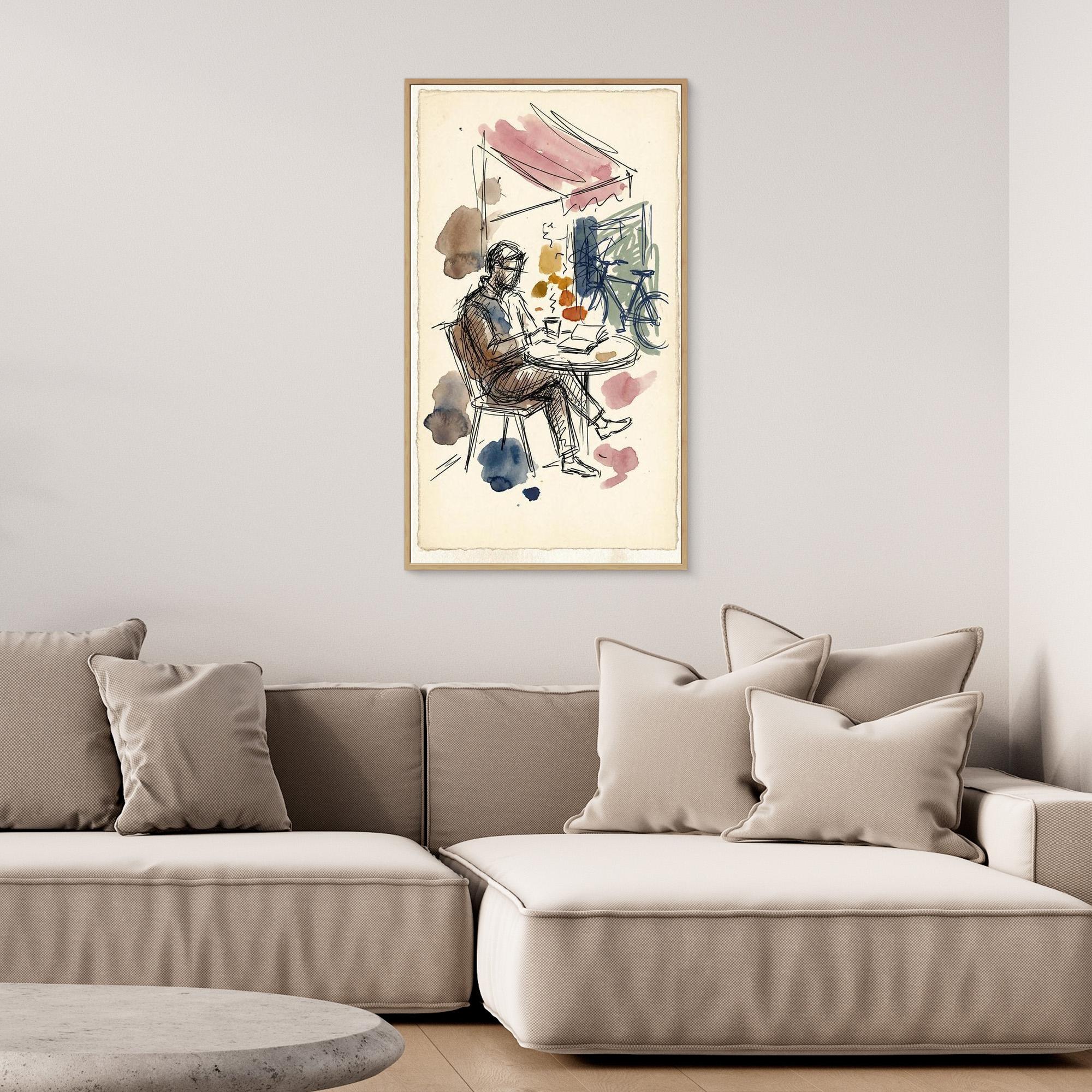Man in Cafe Sketch Wall Art | Framed Canvas Print - Framed Pop Art