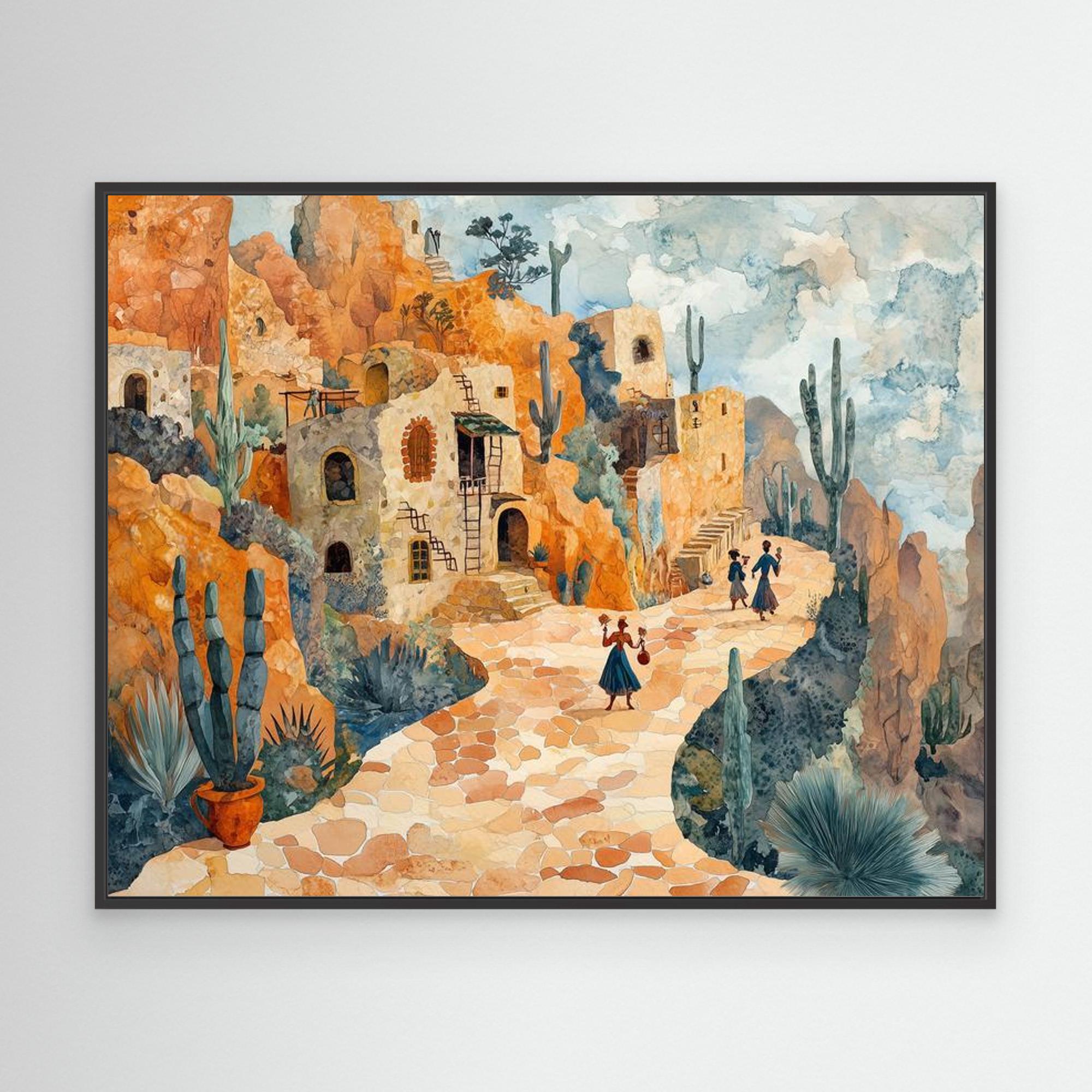 Desert Village Watercolor Canvas Print | Warm Sun-Drenched Art - Framed Pop Art
