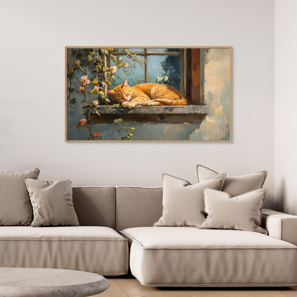 Large Framed Wall Art – Sleeping Ginger Cat Window Scene - Framed Pop Art