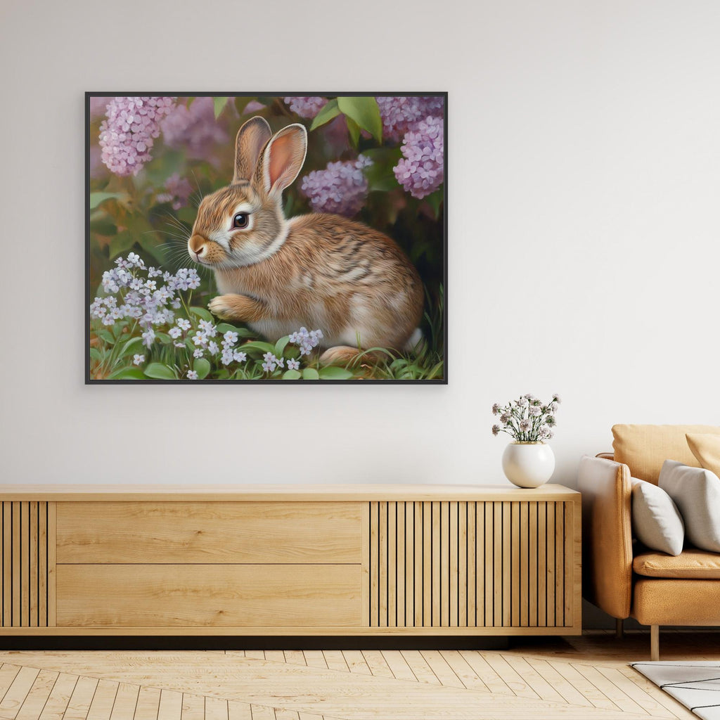 Rabbit in Lilacs Framed Canvas Print | Cute Woodland Wall Art - Framed Pop Art