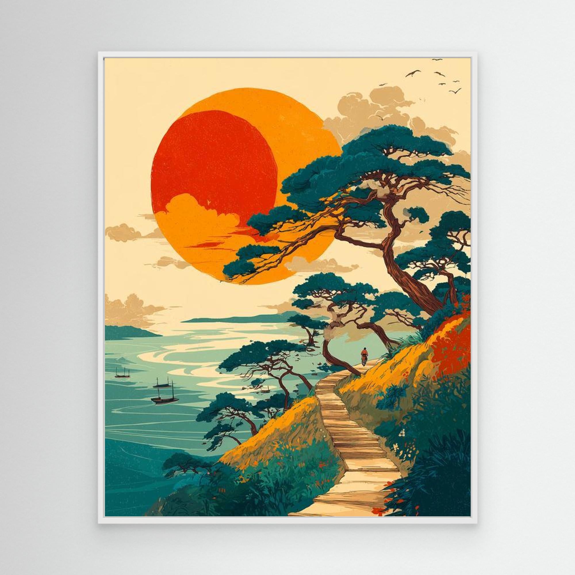 Bold Sunset Coastal Path Landscape Canvas Wall Art Print - Framed Pop Art