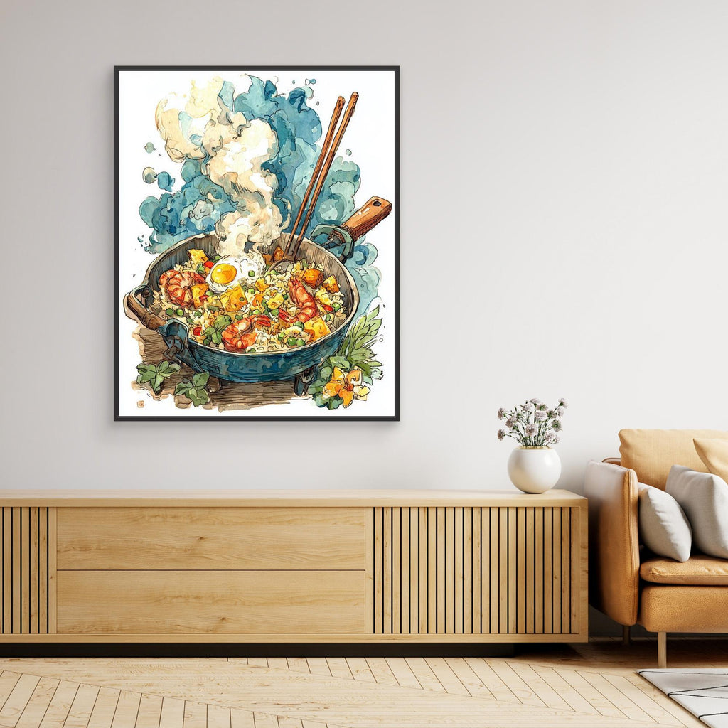 Colourful Steaming Wok Fried Rice Kitchen Canvas Wall Art - Framed Pop Art