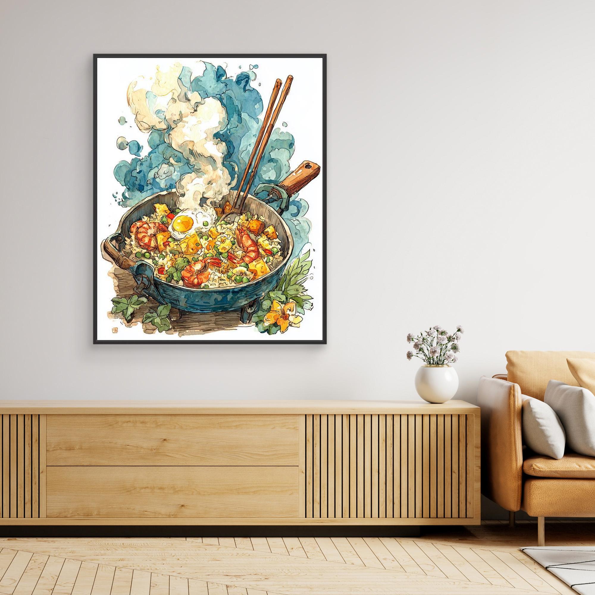 Colourful Steaming Wok Fried Rice Kitchen Canvas Wall Art
