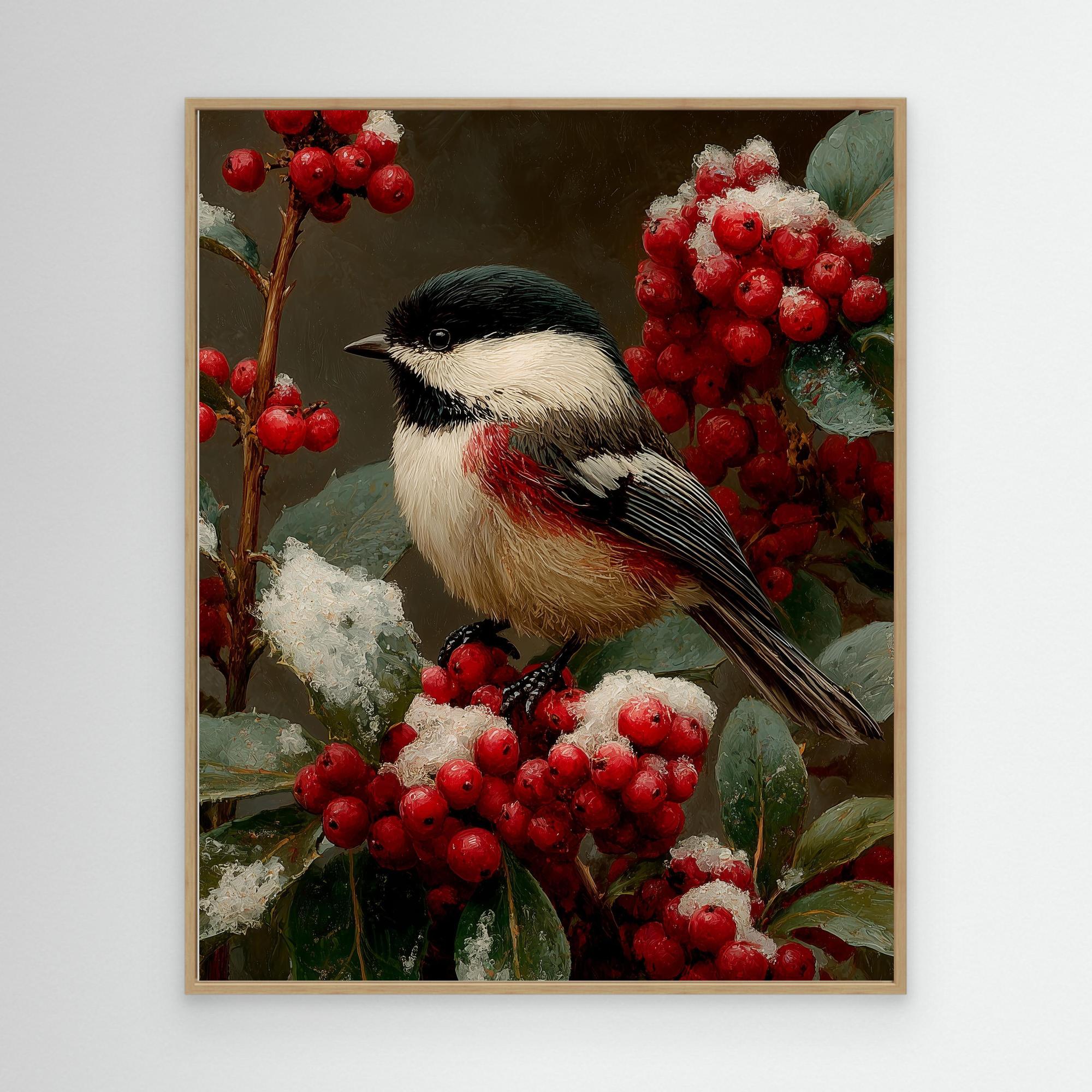 Hallway Bird Wall Art – Chickadee & Red Berries Canvas - Framed Pop Art
