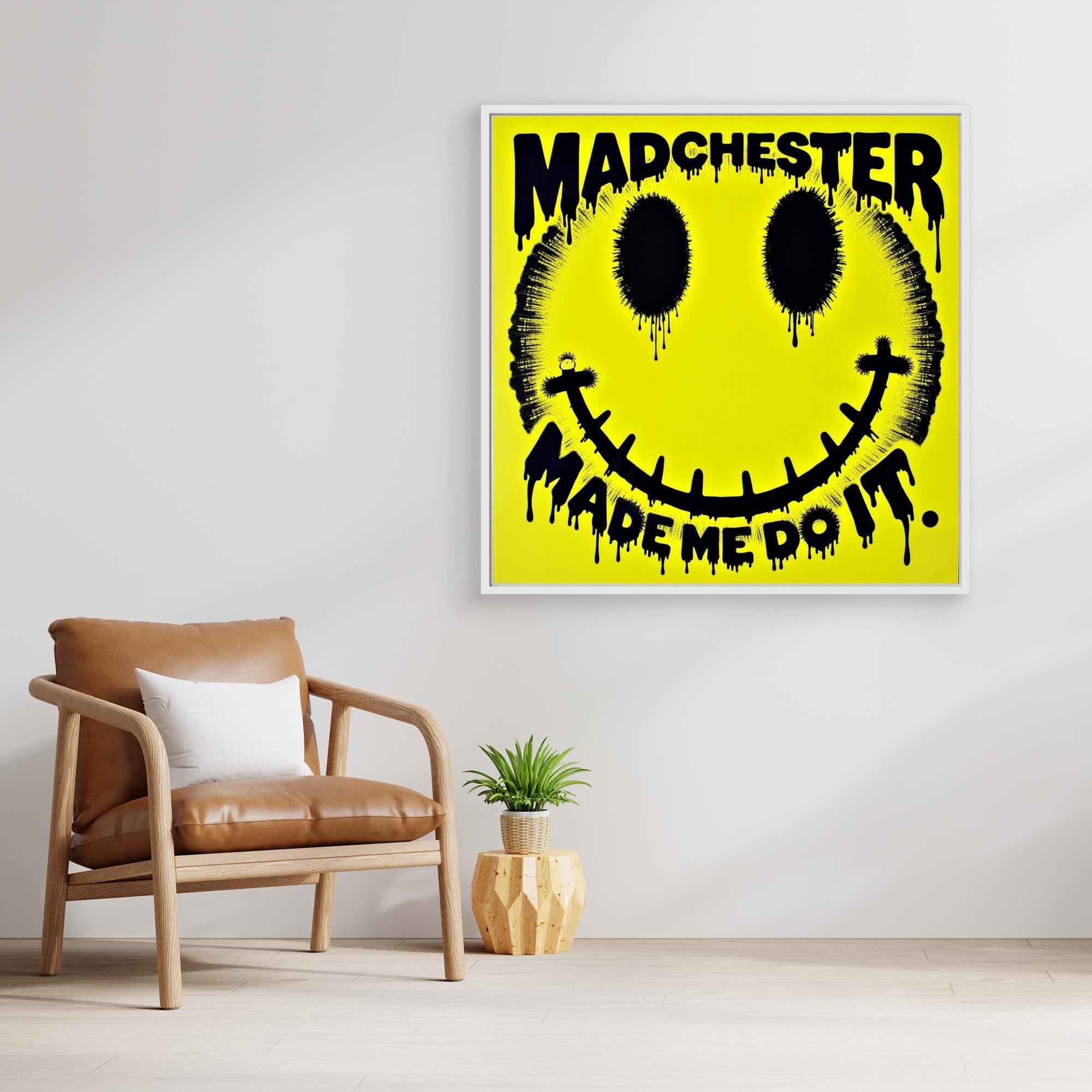 Madchester Made Me Do It | Retro Smiley Face Canvas Wall Art - Framed Pop Art