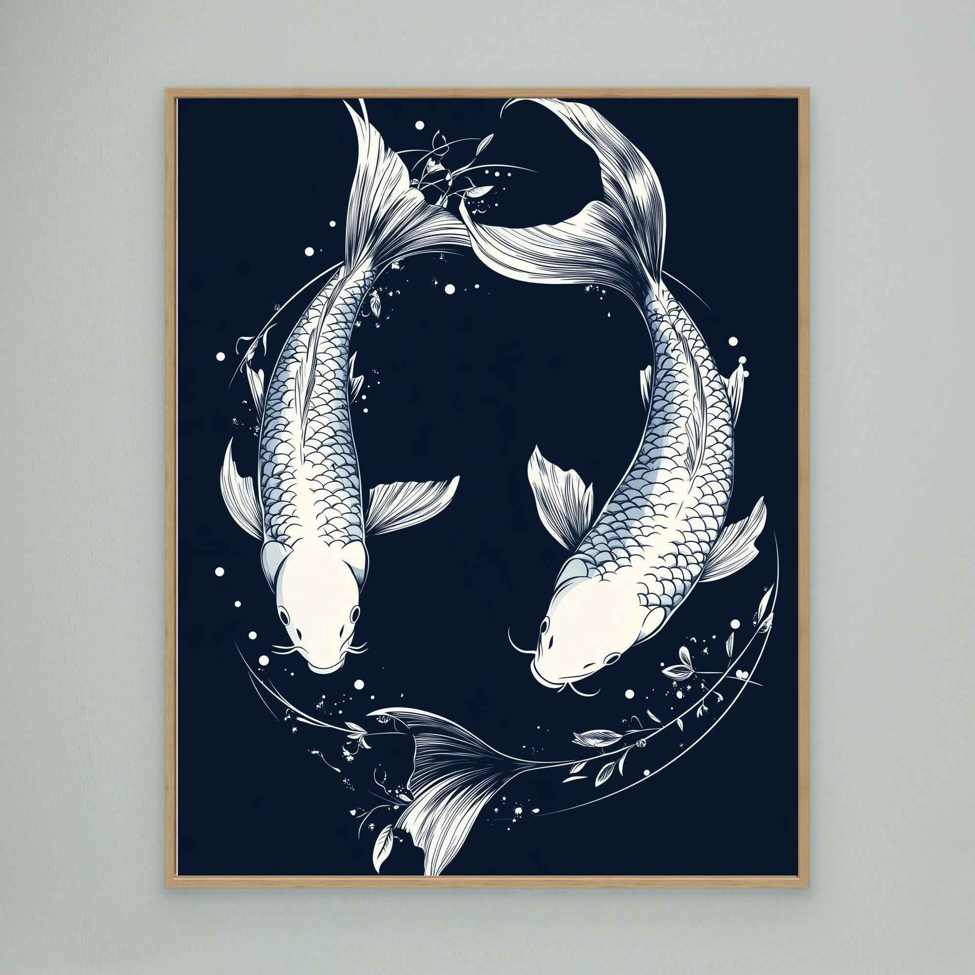 Koi Yin Yang Navy Canvas Wall Art - Framed Pop Art