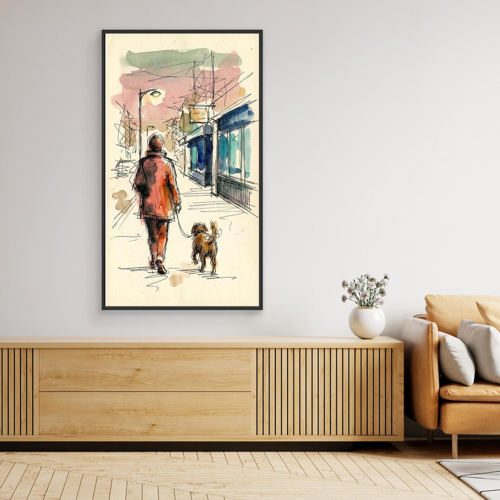 City Stroll Dog Walker Art | Framed Sketch Style Print - Framed Pop Art