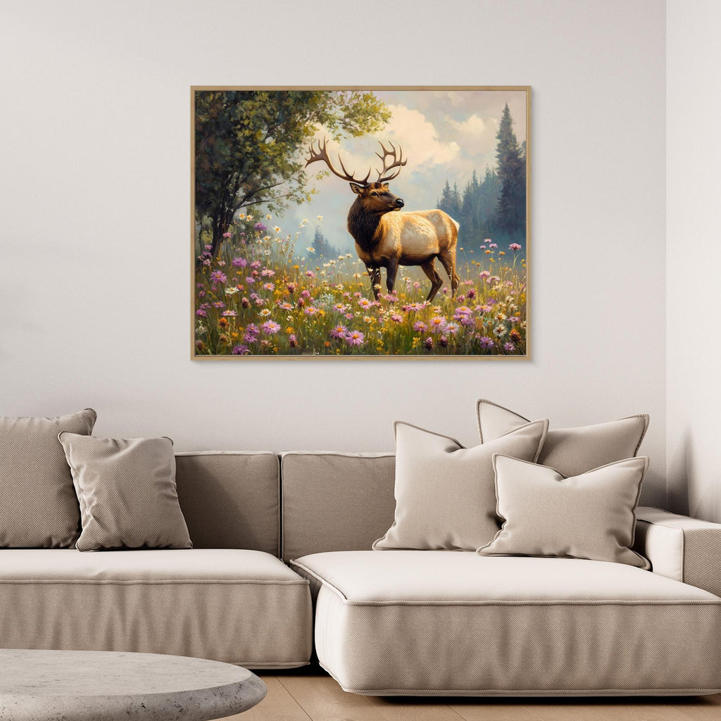 Majestic Elk in Wildflower Meadow Canvas Wall Art - Framed Pop Art