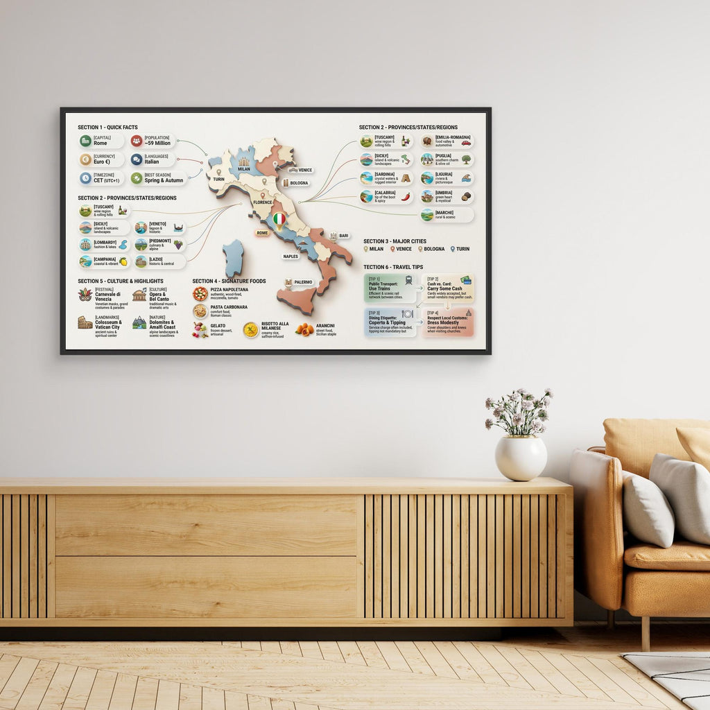 Italy Infographic Map Wall Art | Framed Canvas Travel Guide
