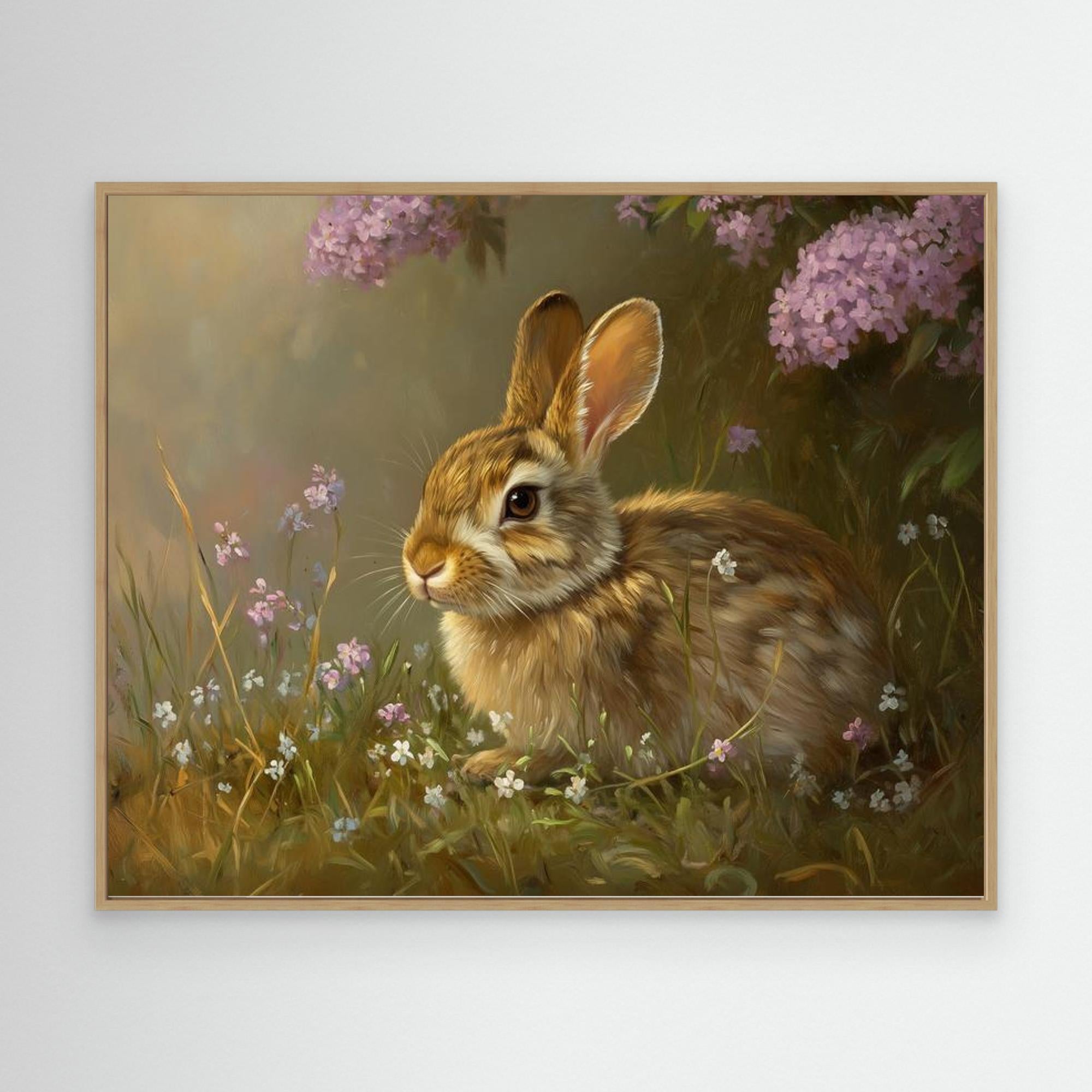 Brown Rabbit & Wildflowers Canvas Wall Art | Country Nursery - Framed Pop Art