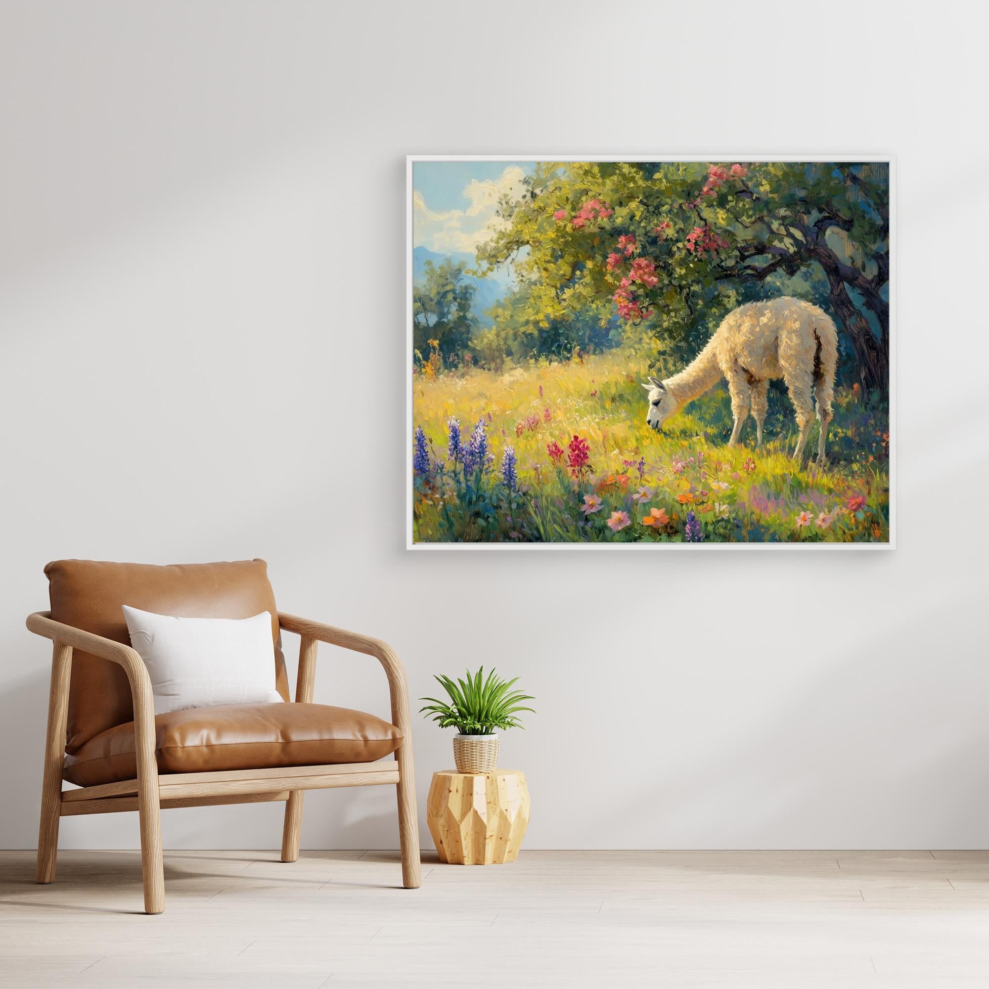 Llama in Flower Meadow Canvas Print | Sunlit Country Wall Art - Framed Pop Art