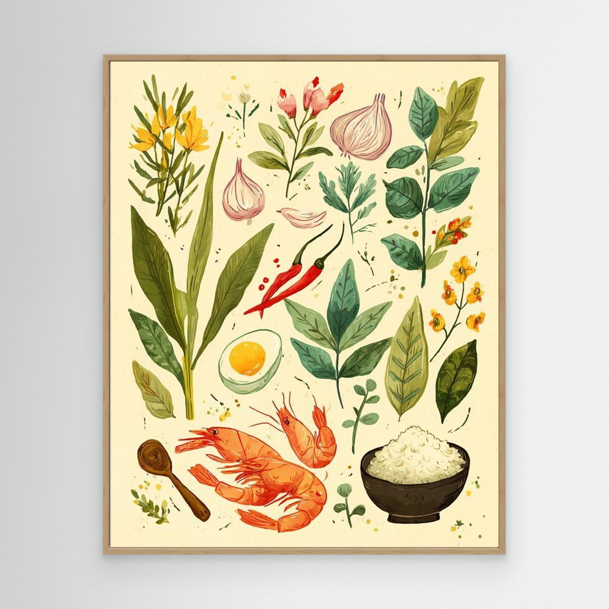Herb & Prawn Kitchen Ingredients Canvas Print Art