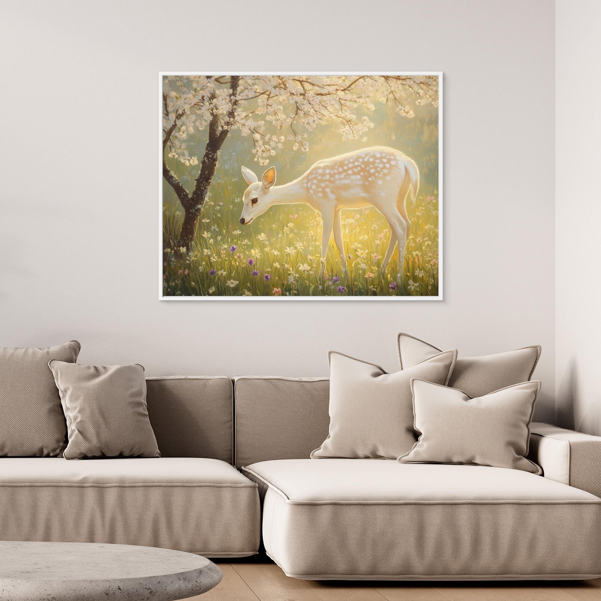 Enchanted White Fawn & Cherry Blossom Canvas Wall Art - Framed Pop Art