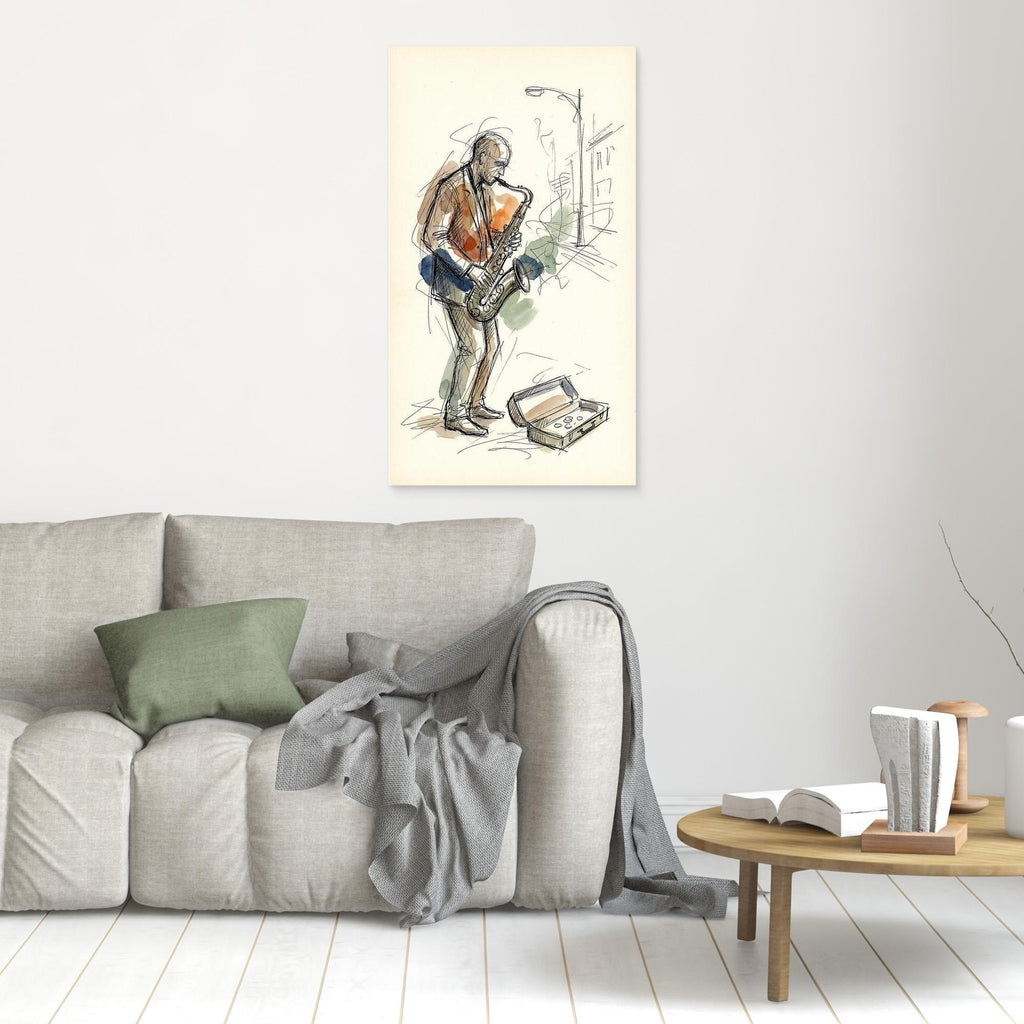 Saxophone Street Player Sketch Canvas Wall Art | Music Art - Framed Pop Art