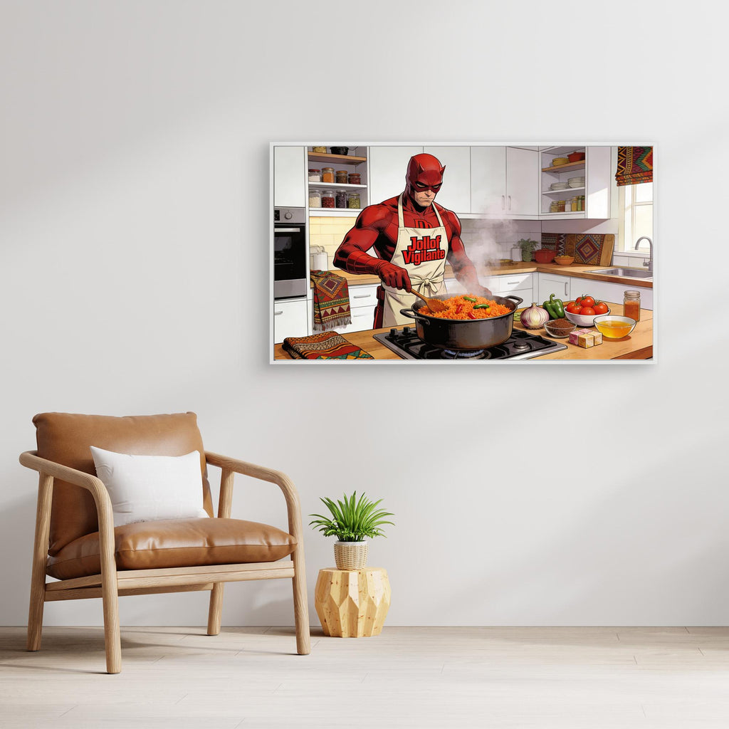 Kitchen Canvas Wall Art – Funny Jollof Vigilante Print - Framed Pop Art