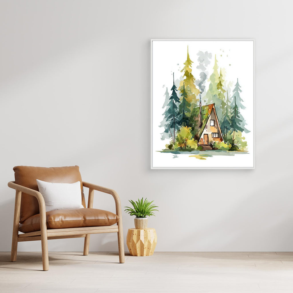 Cozy A-Frame Forest Cabin Watercolour Art | Woodland Nursery - Framed Pop Art
