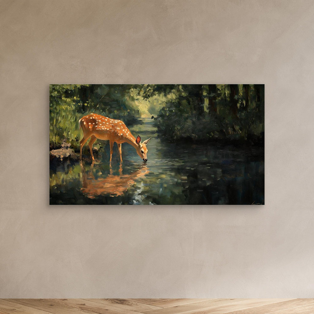 Tranquil Deer in Forest Stream Canvas Wall Art - Framed Pop Art