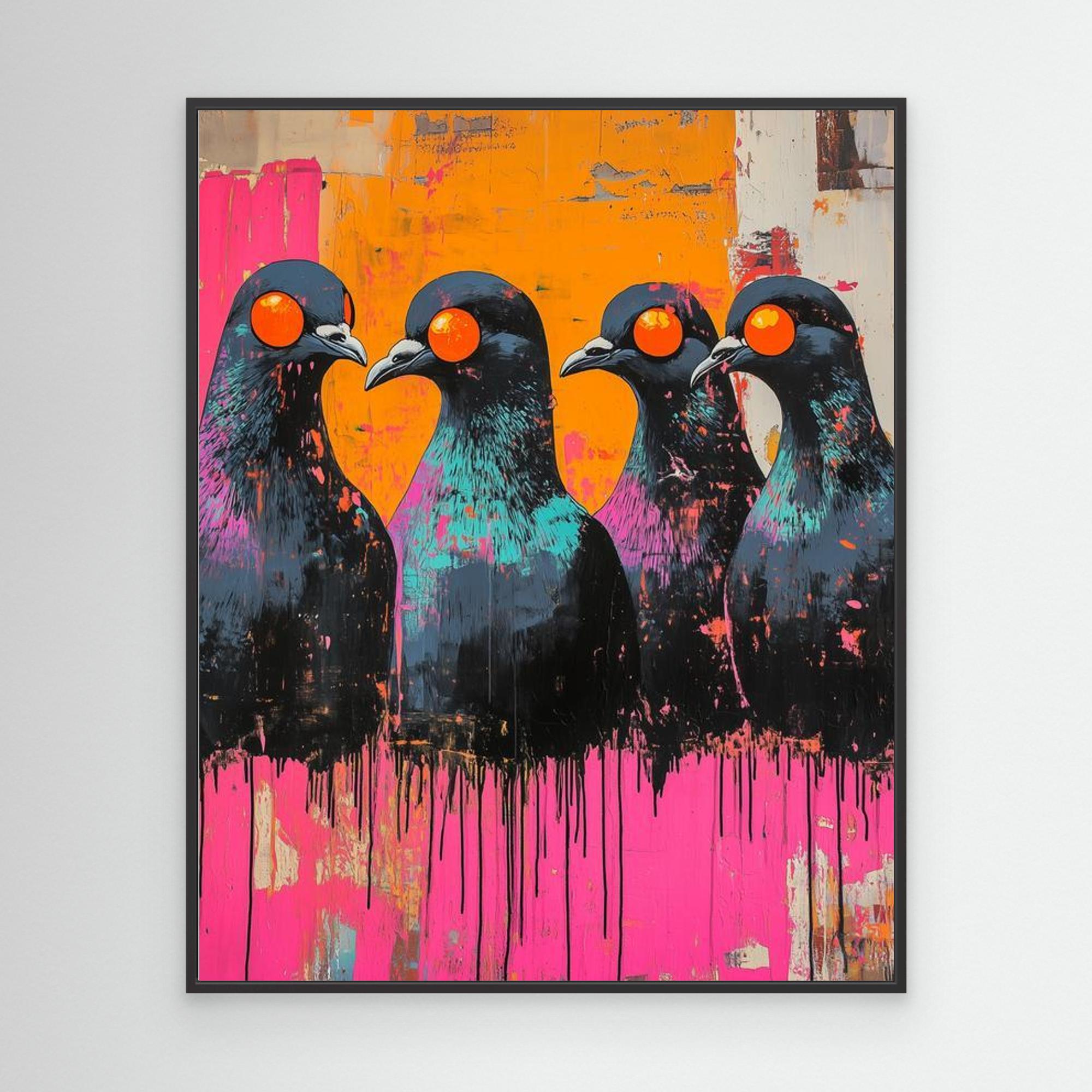 Neon Pigeon Wall Art Canvas for Modern Living Room - Framed Pop Art