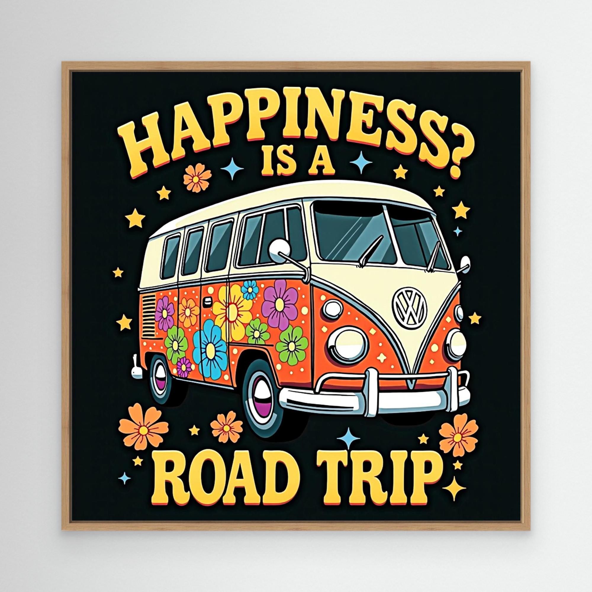 Happiness Is A Road Trip VW Bus Canvas Art | Retro Wall Decor - Framed Pop Art