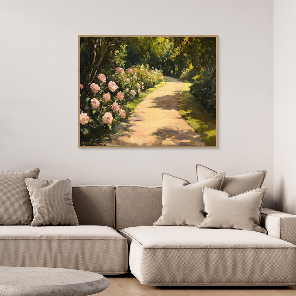 Pink Rose Garden Oil Painting - Romantic Floral Bedroom Decor - Framed Pop Art