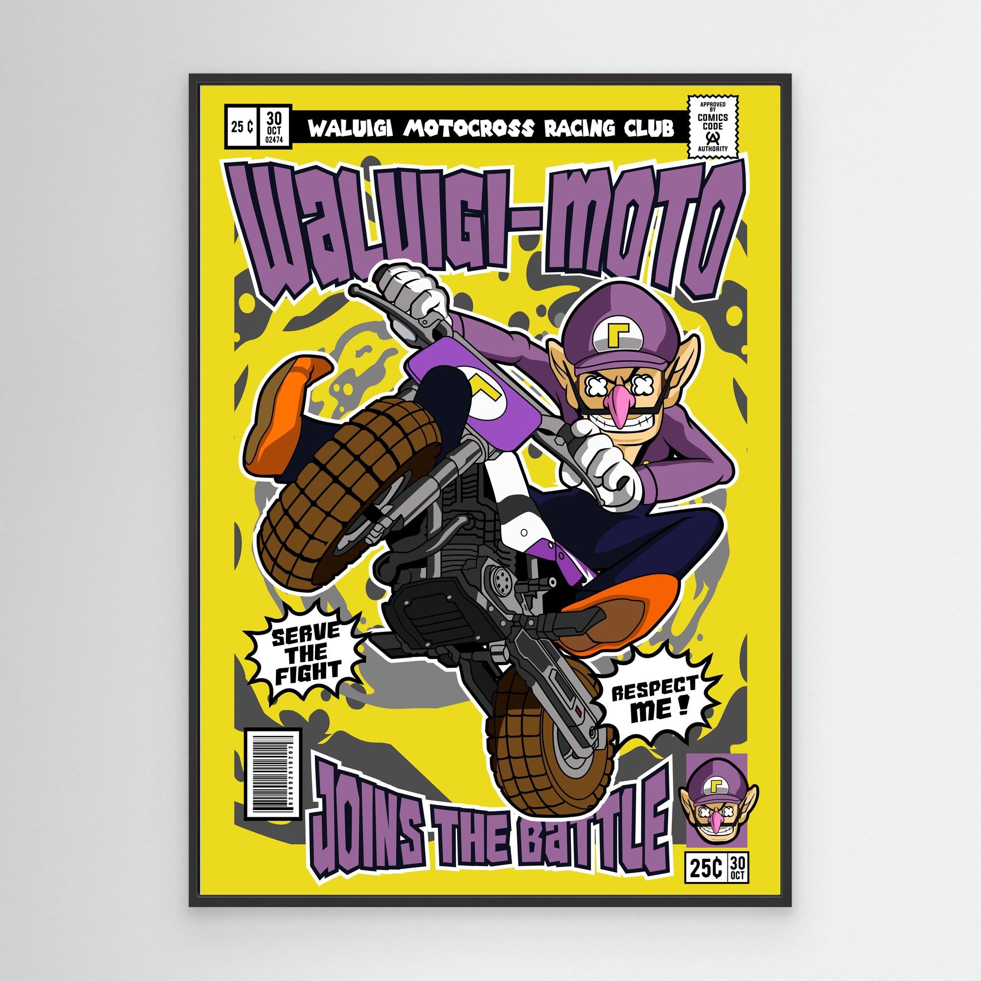 Waluigi Motocross Comic Poster | Gaming Room Wall Art - Framed Pop Art