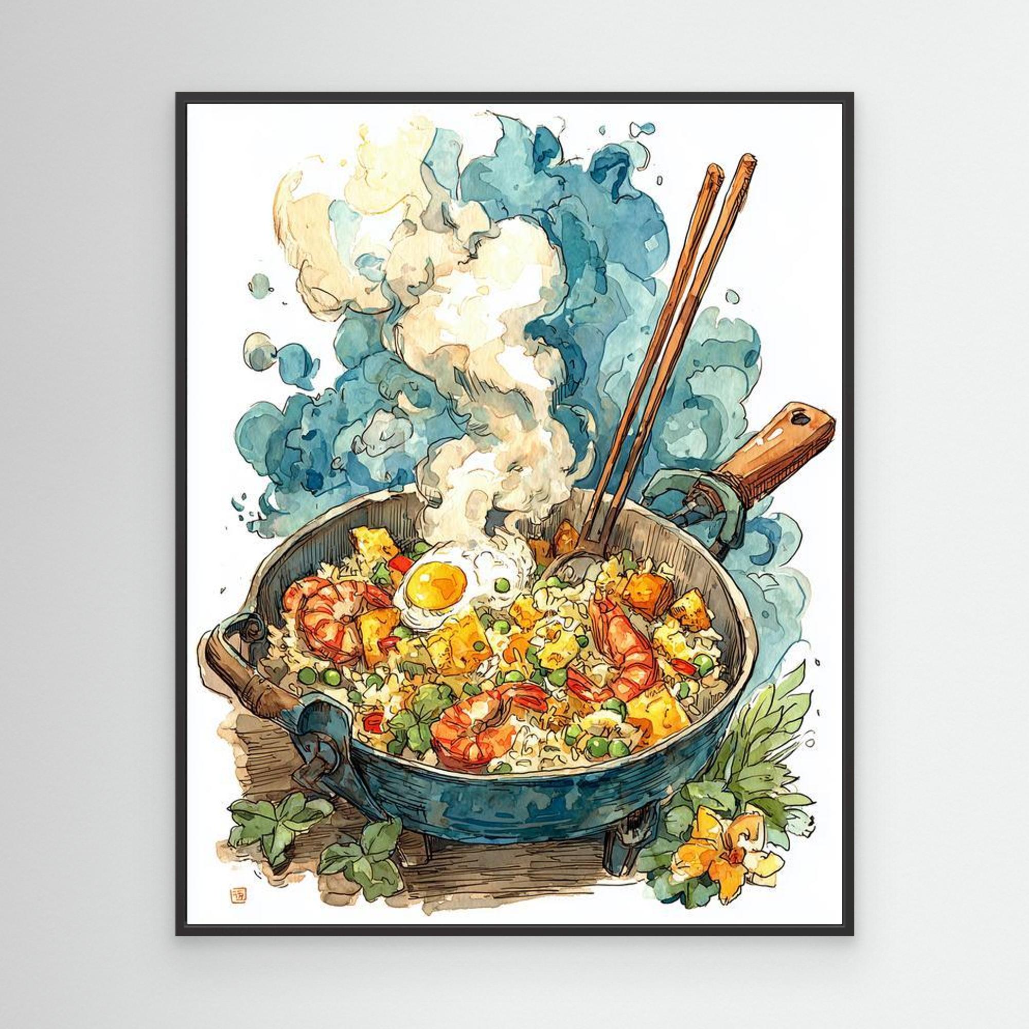 Colourful Steaming Wok Fried Rice Kitchen Canvas Wall Art