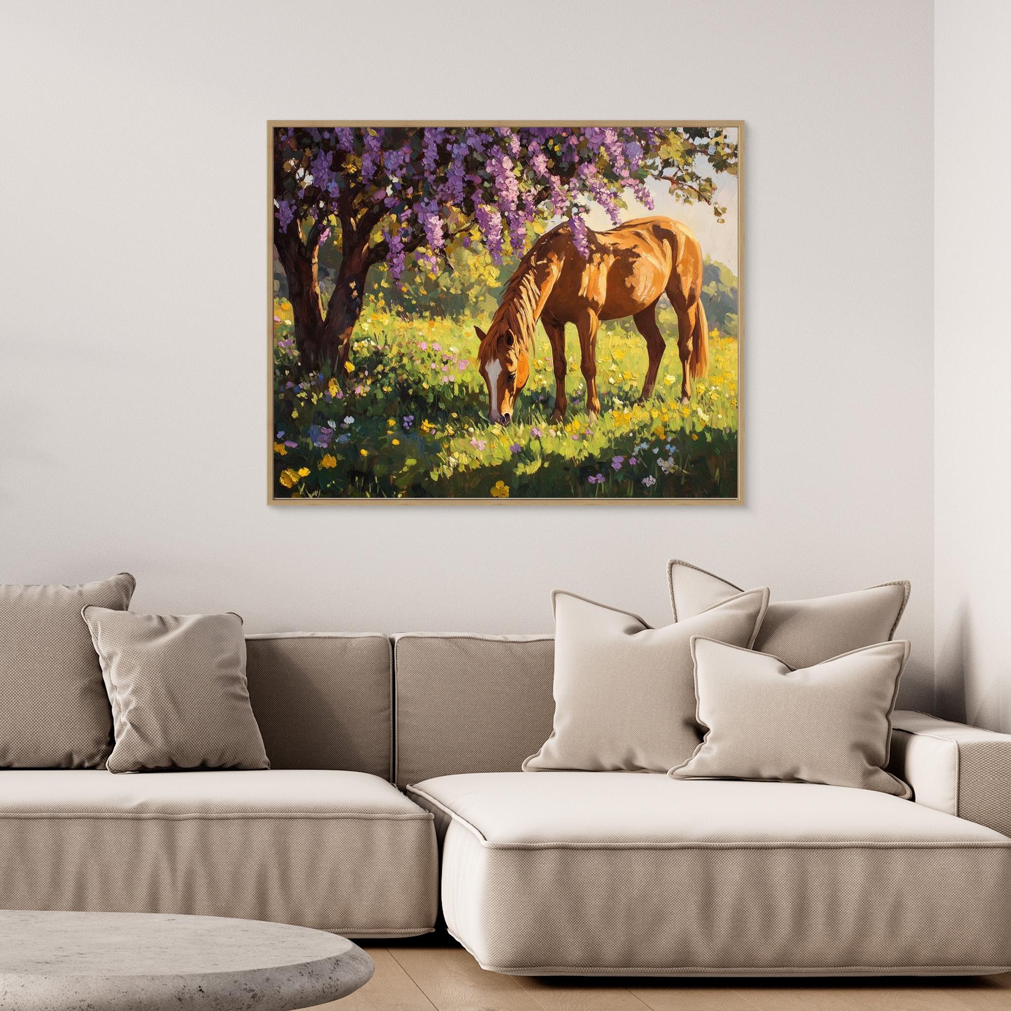 Horse Grazing Under Purple Blossom Canvas Wall Art - Framed Pop Art