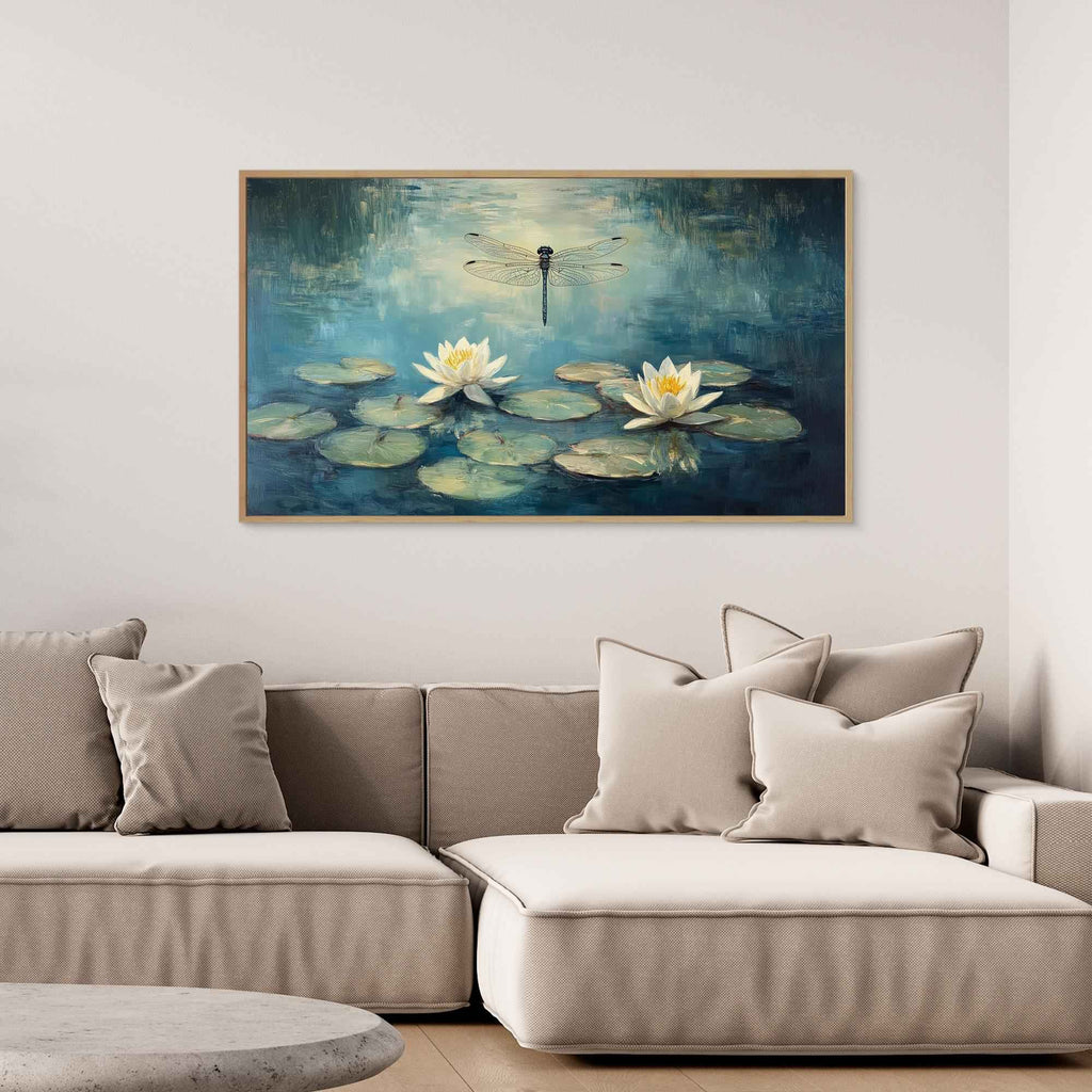 Dragonfly & Water Lily Canvas Art | Zen Bedroom Wall Decor