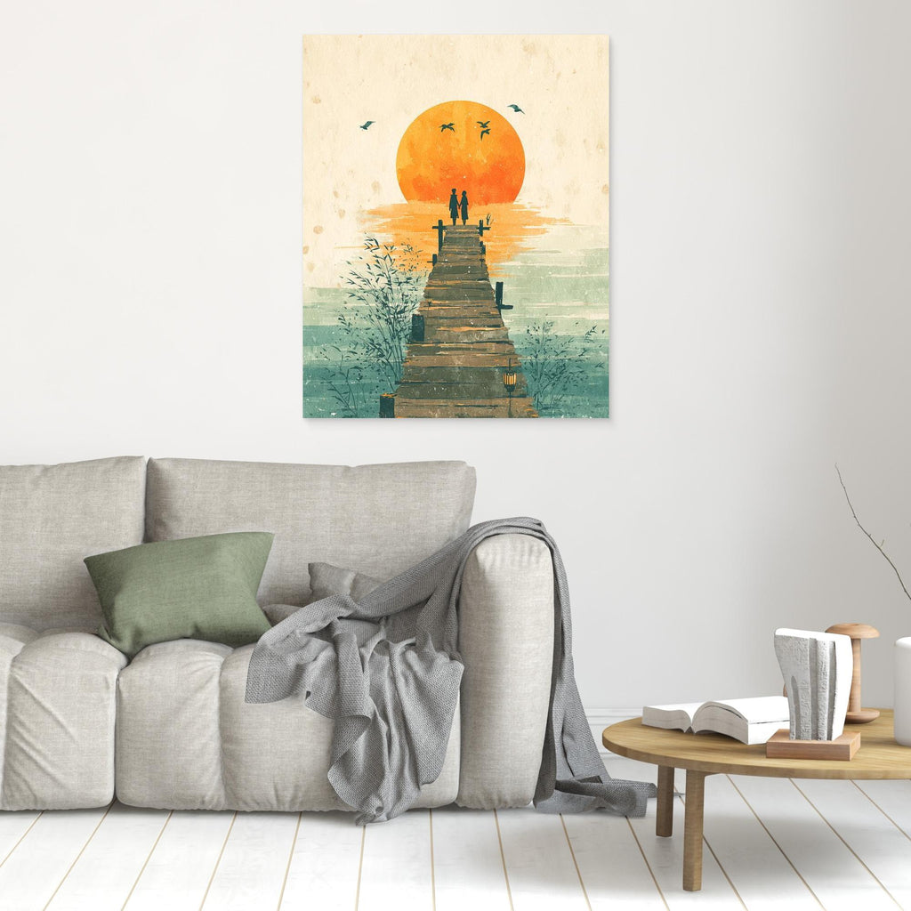 Romantic Lakeside Sunset Pier Framed Canvas Print Art - Framed Pop Art