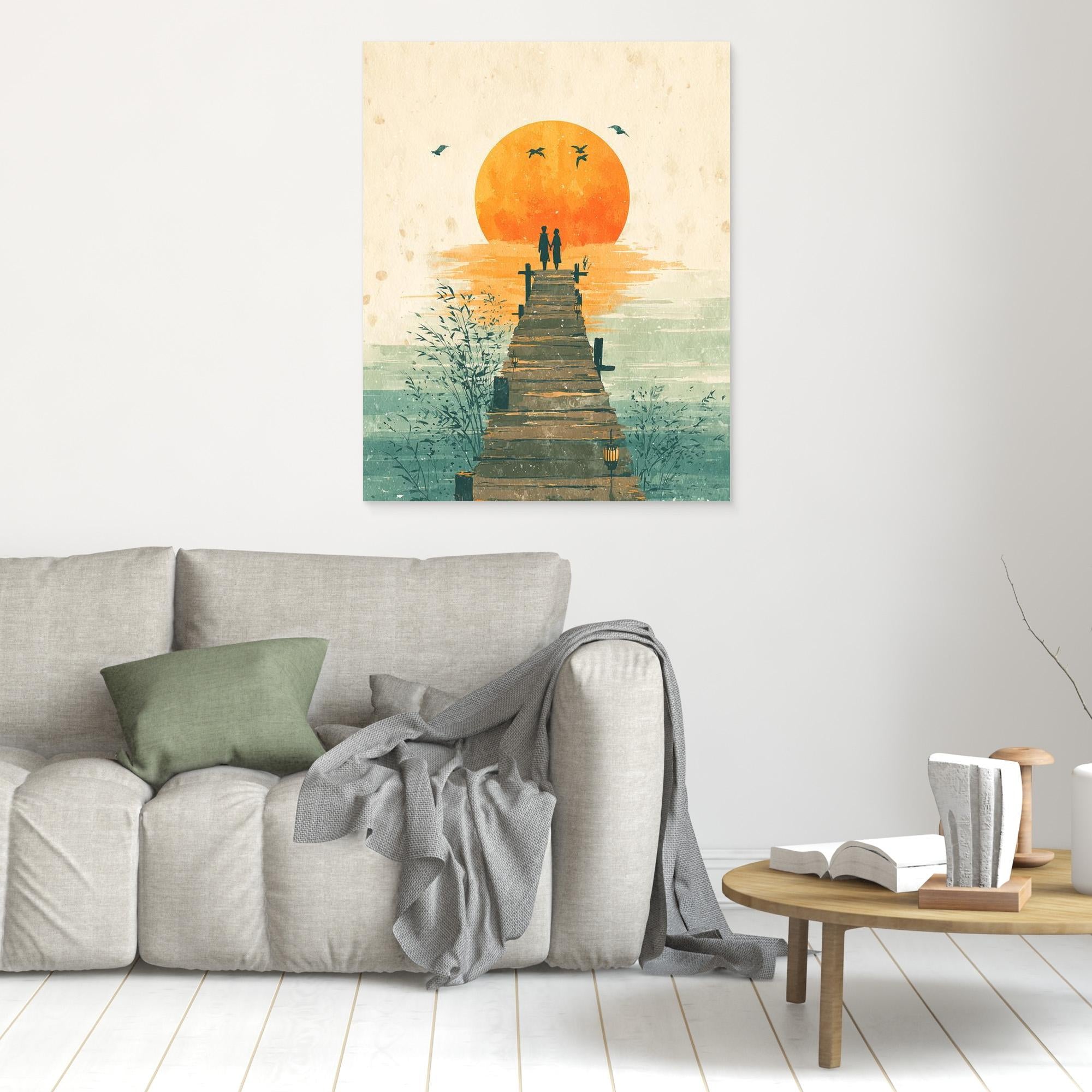 Romantic Lakeside Sunset Pier Framed Canvas Print Art - Framed Pop Art