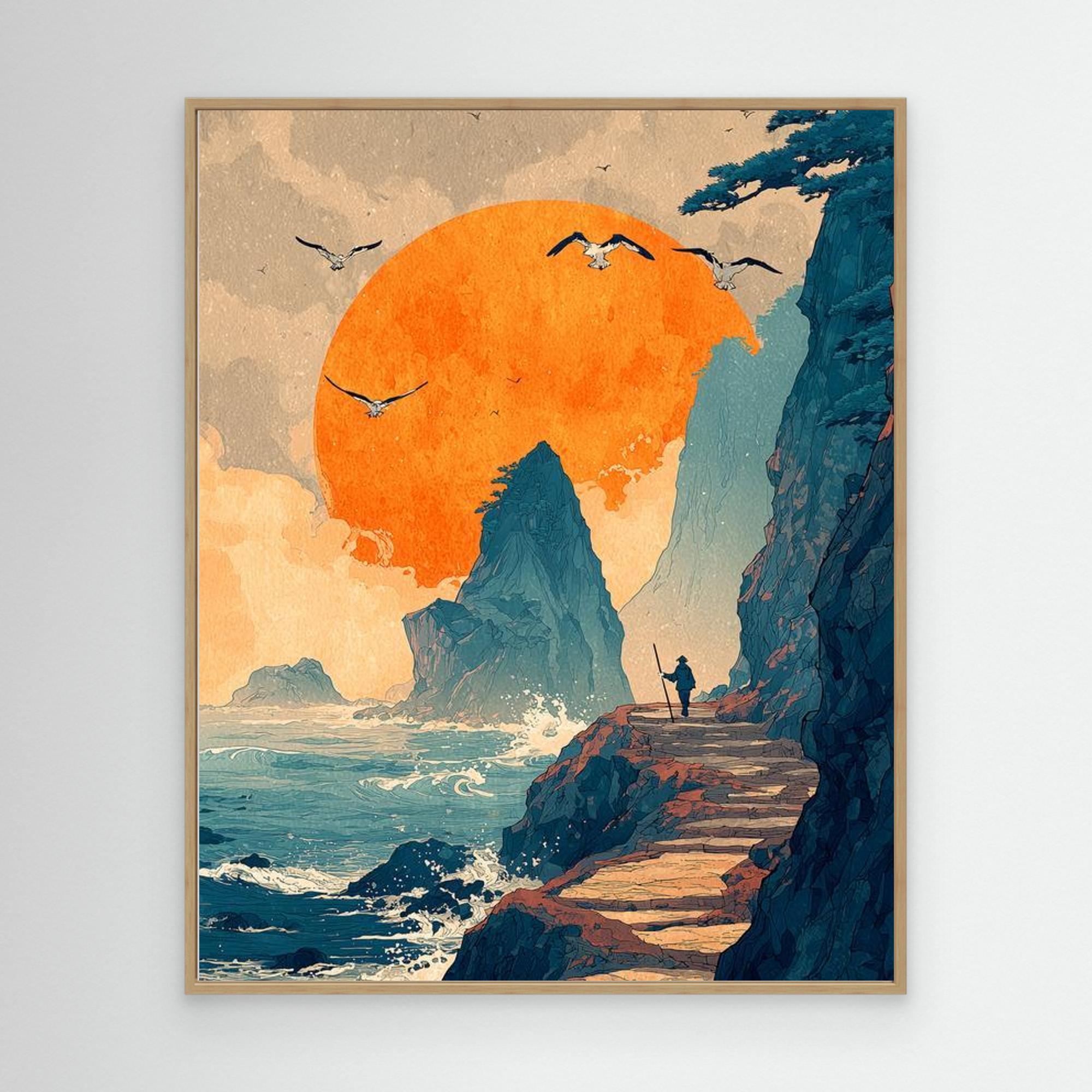 Dramatic Sunset Clifftop Seascape Framed Canvas Art - Framed Pop Art