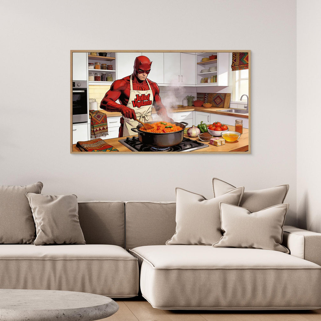Kitchen Canvas Wall Art – Funny Jollof Vigilante Print - Framed Pop Art