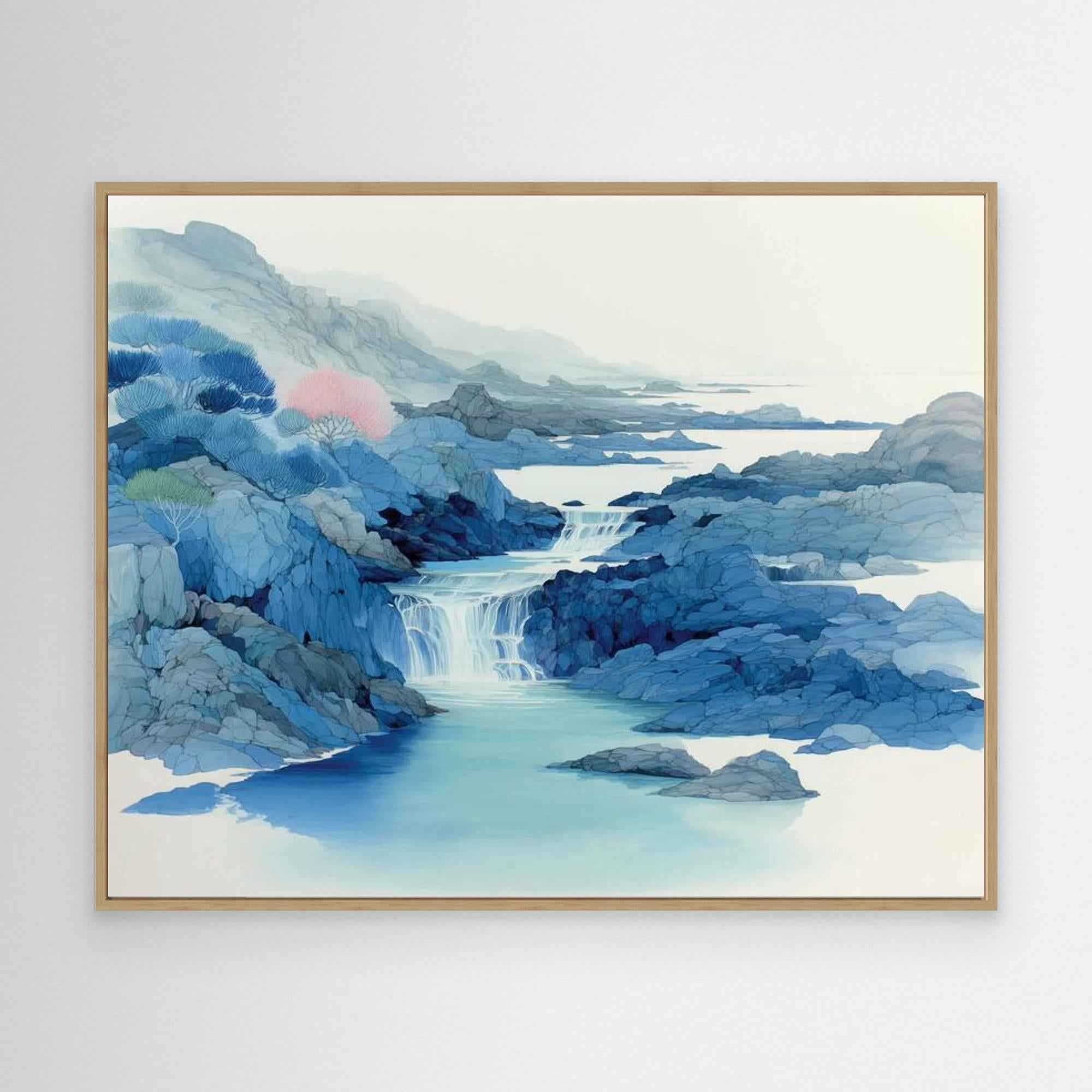 Calm Blue Waterfall Framed Canvas Wall Art - Framed Pop Art