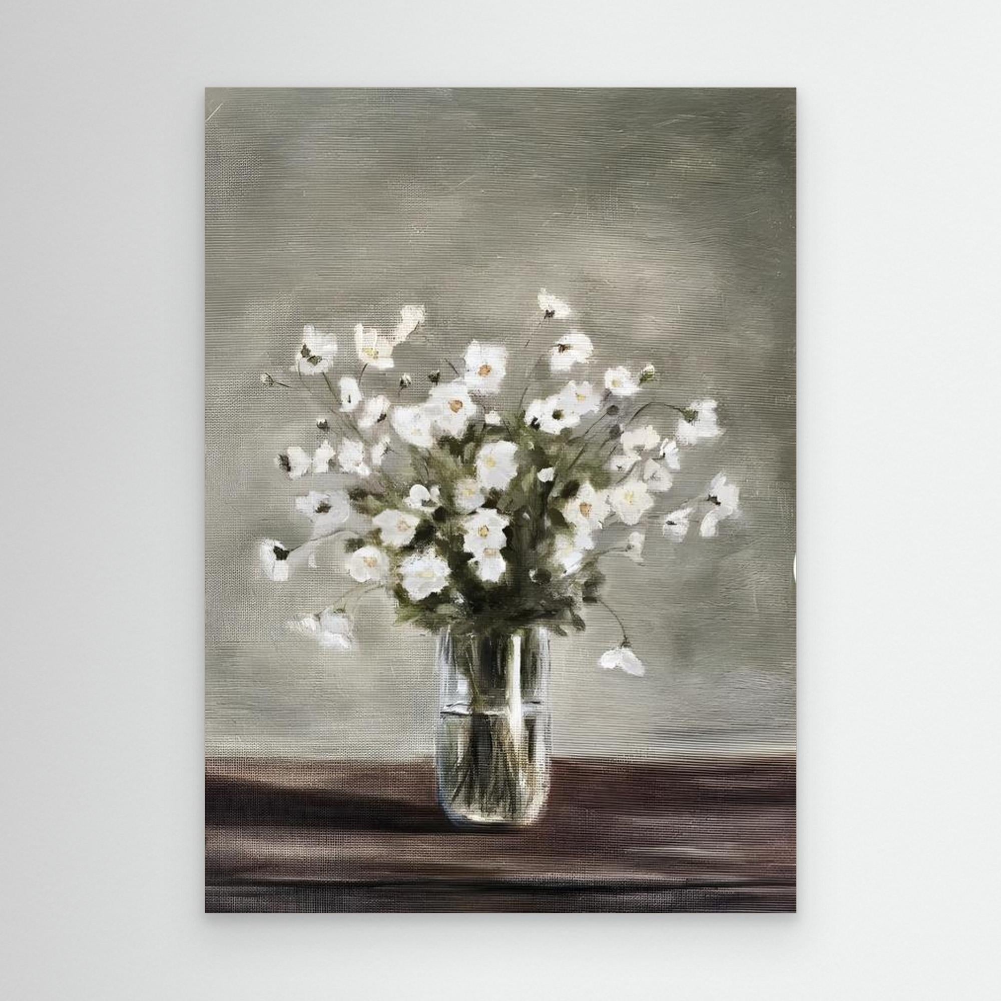 White Floral Still Life Painting | Hallway Wall Art - Framed Pop Art