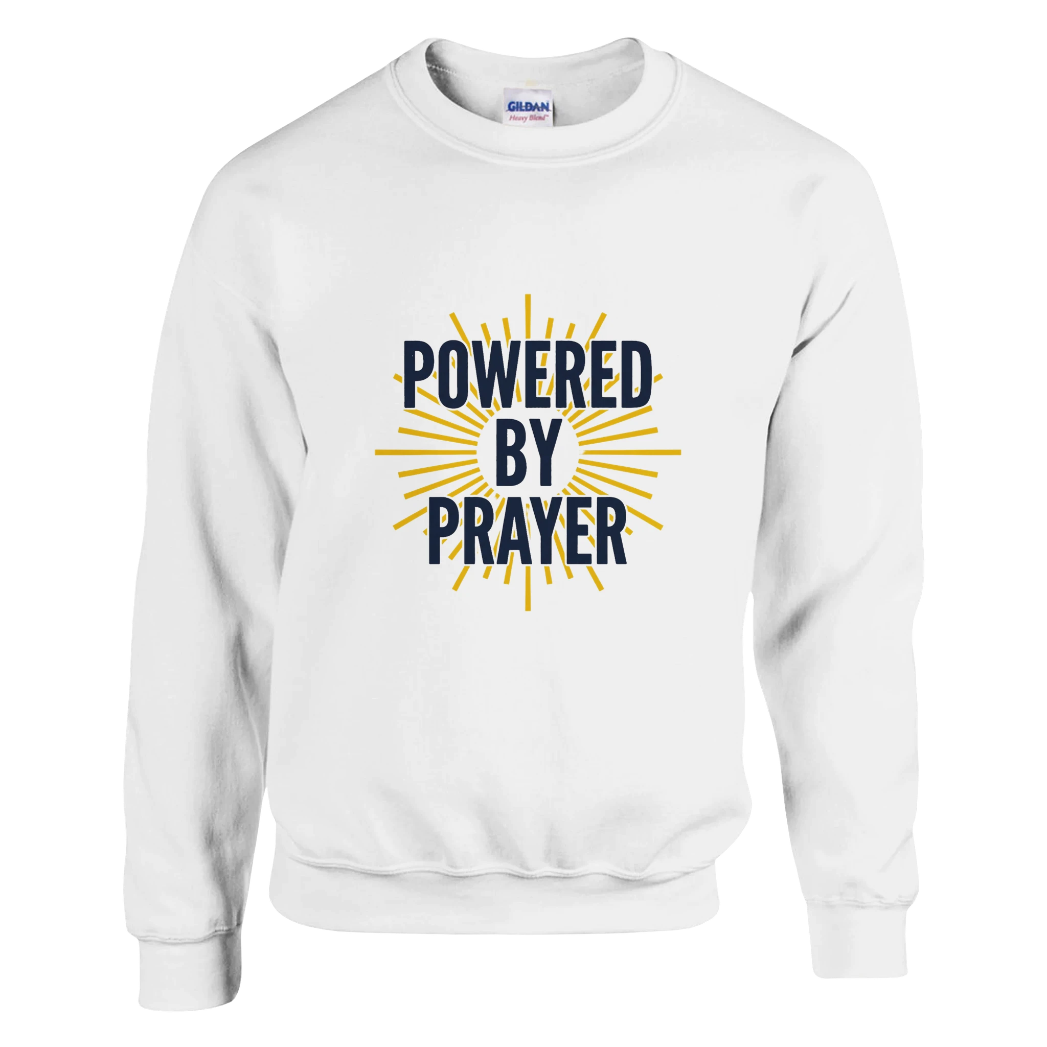Powered by Prayer White Sweatshirt | Gildan® 18000 - Framed Pop Art