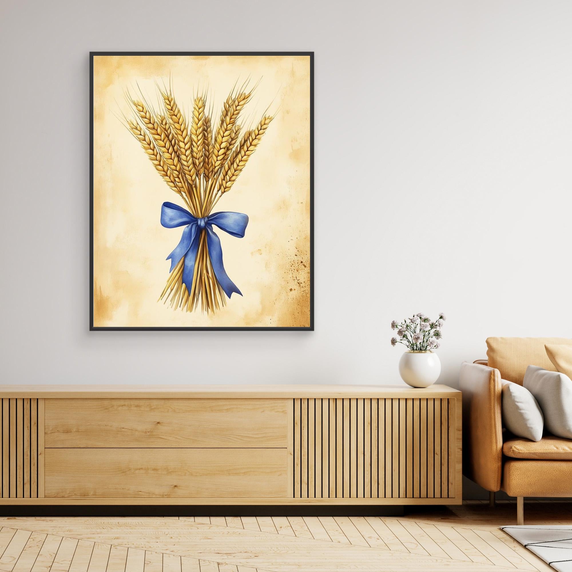 Golden Wheat Stalks Wall Art with Blue Ribbon | Rustic Decor