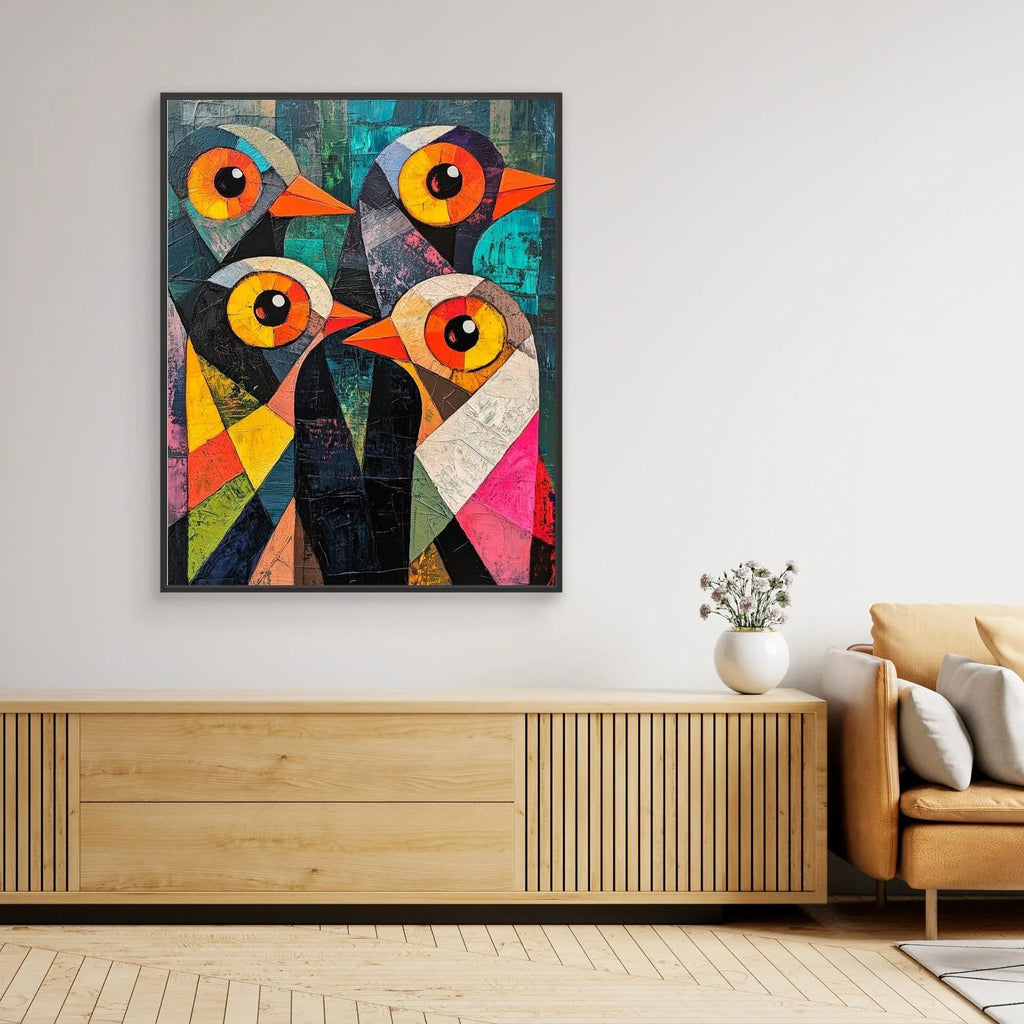 Abstract Bird Family Canvas Print | Vibrant Geometric Wall Art - Framed Pop Art