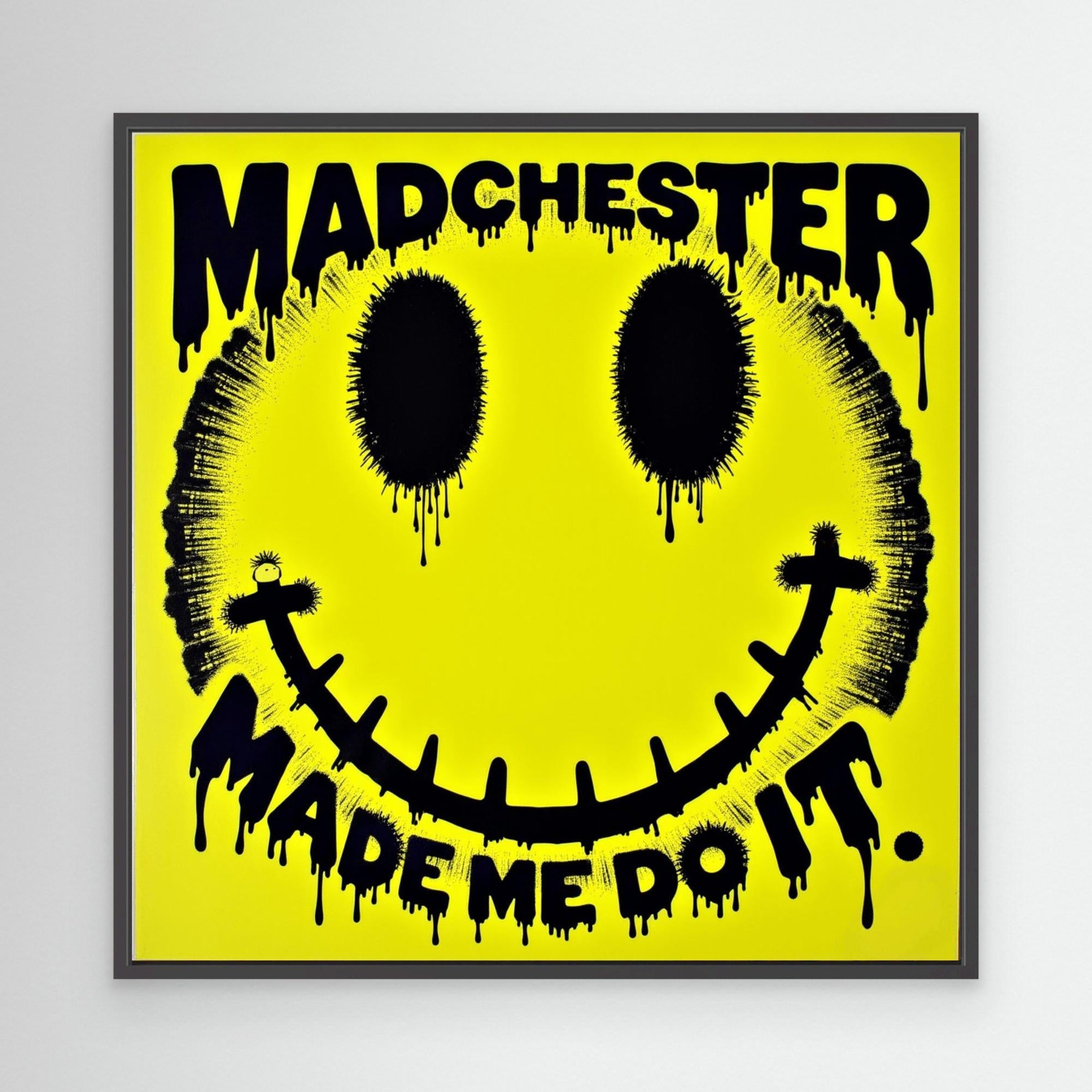 Madchester Made Me Do It | Retro Smiley Face Canvas Wall Art - Framed Pop Art